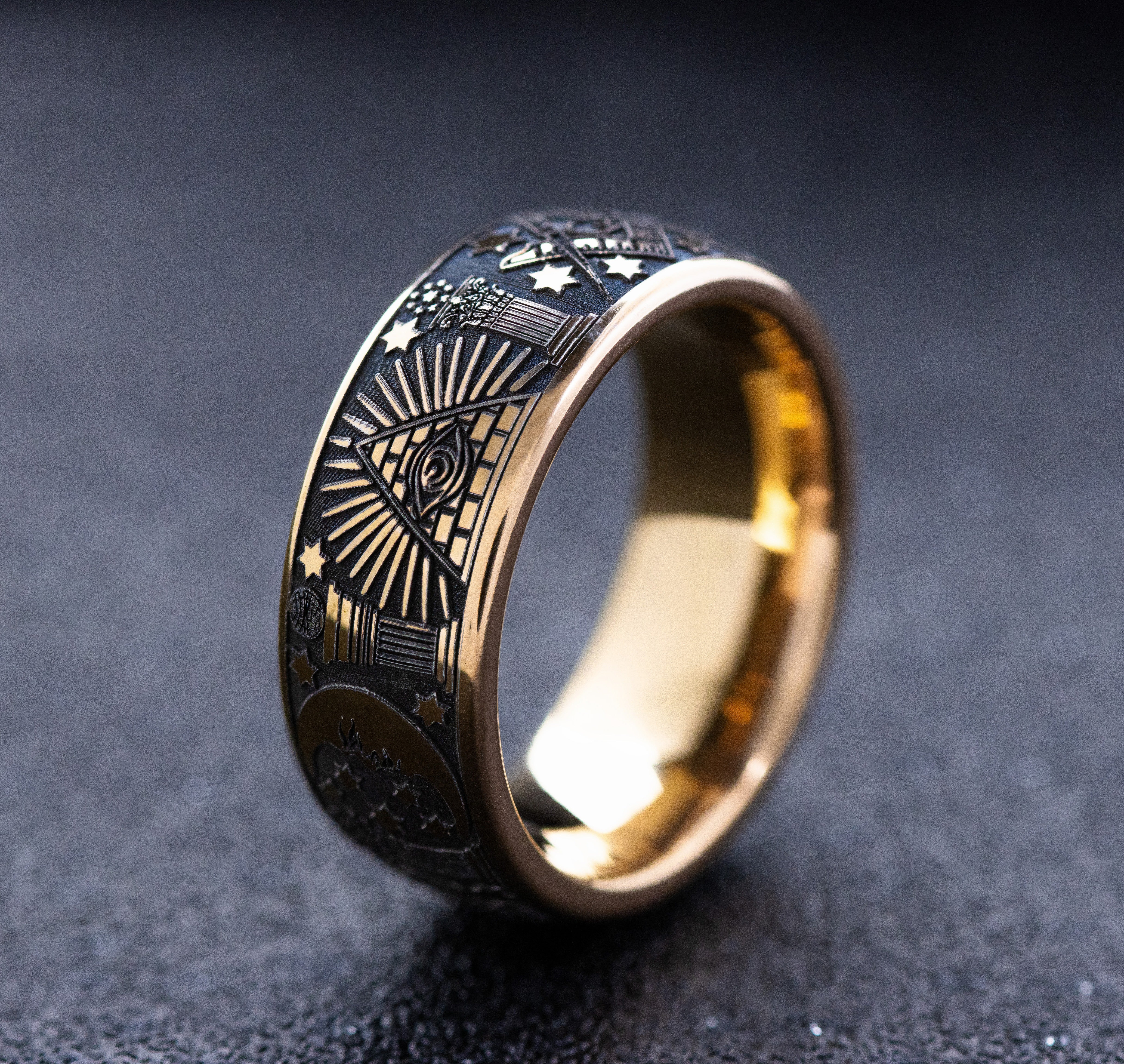 8mm Rose Gold Plated Tantalum Ring with Deep Engraved Masonic Symbols