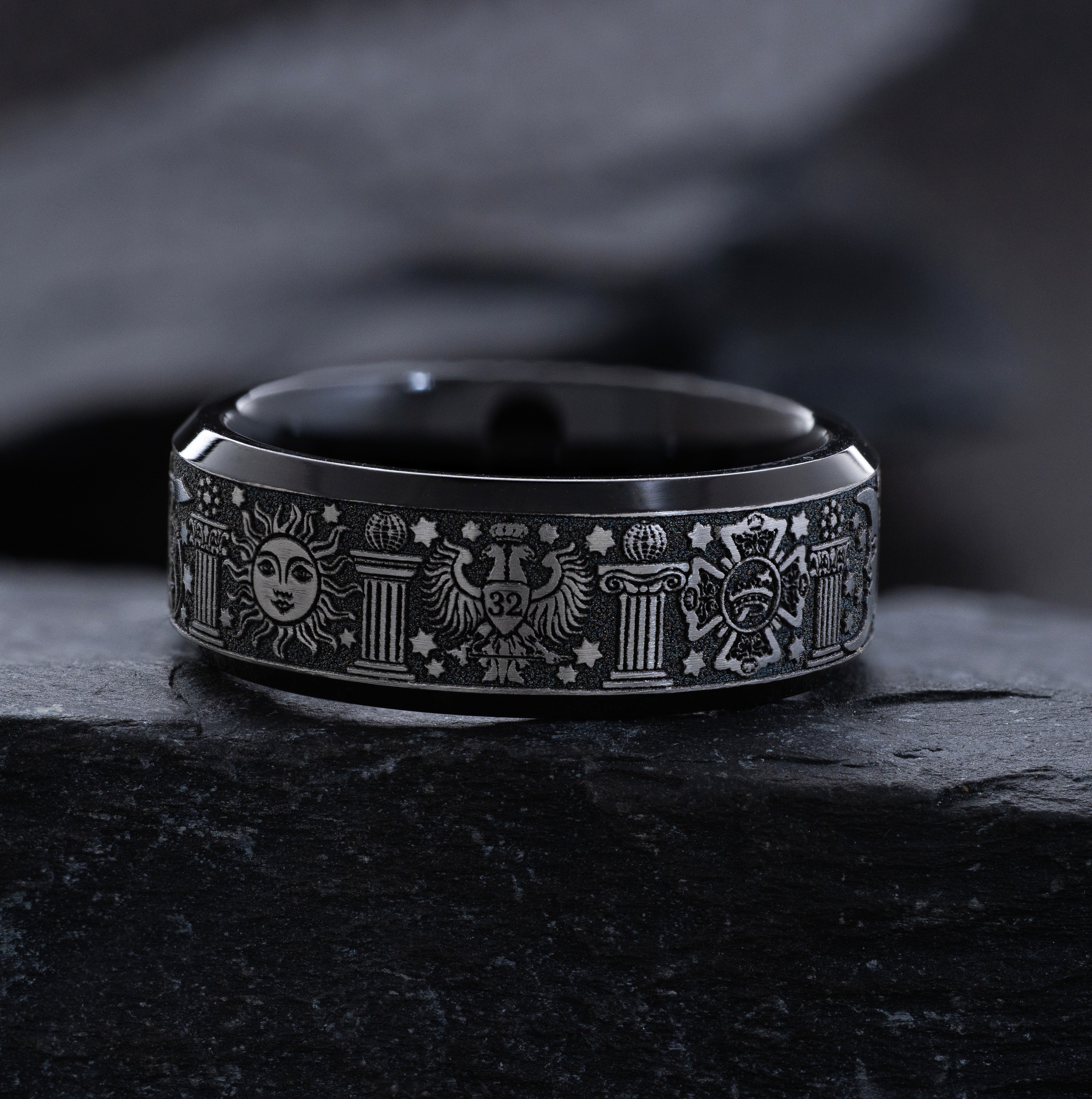8mm Black Titanium Band with Deep Engraved Masonic Symbols