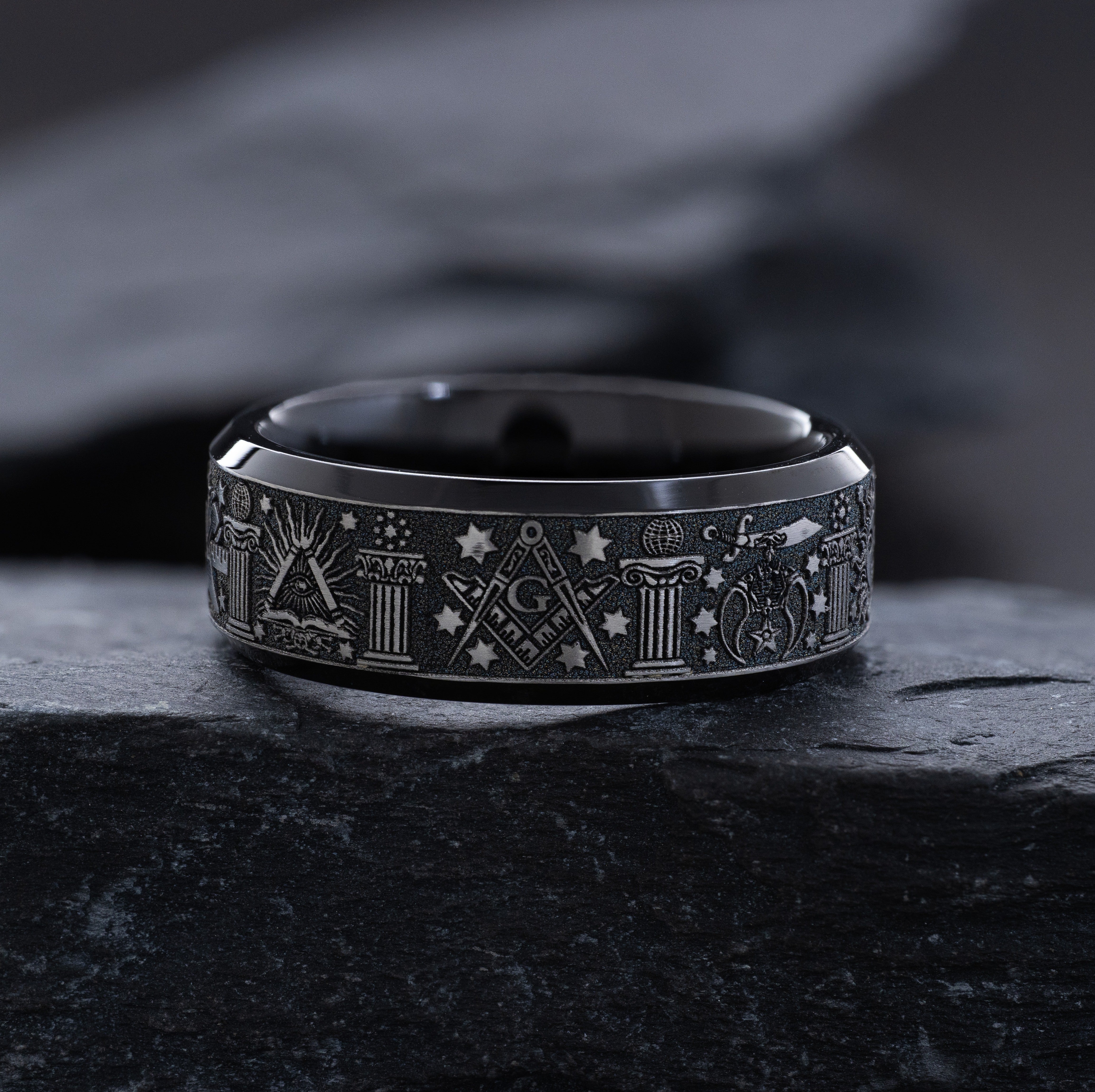 8mm Black Titanium Band with Deep Engraved Masonic Symbols