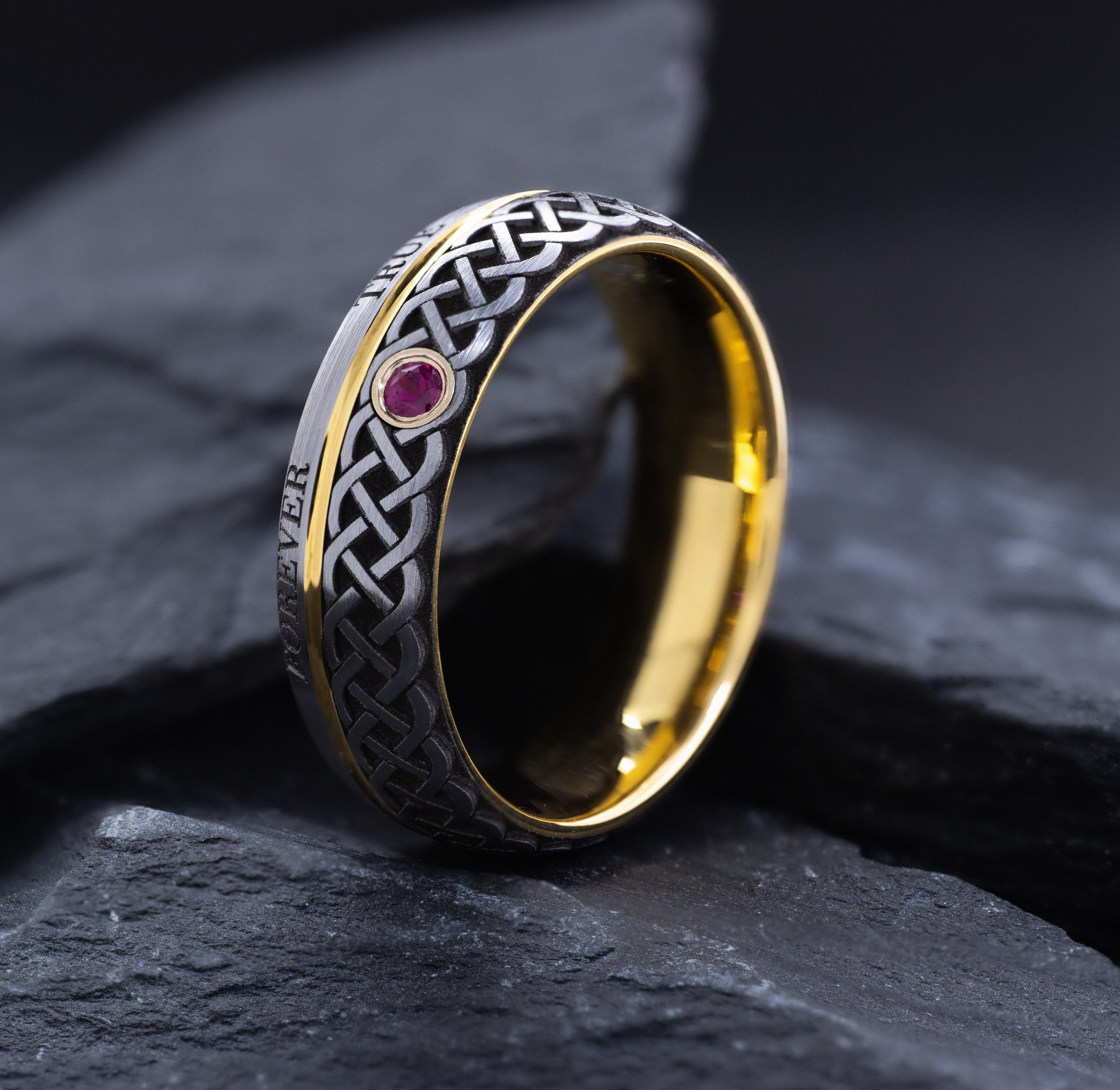 Tungsten Carbide 7mm Ring with Yellow Gold Plating, Gemstone, Engraved Celtic Knot and Romantic Text
