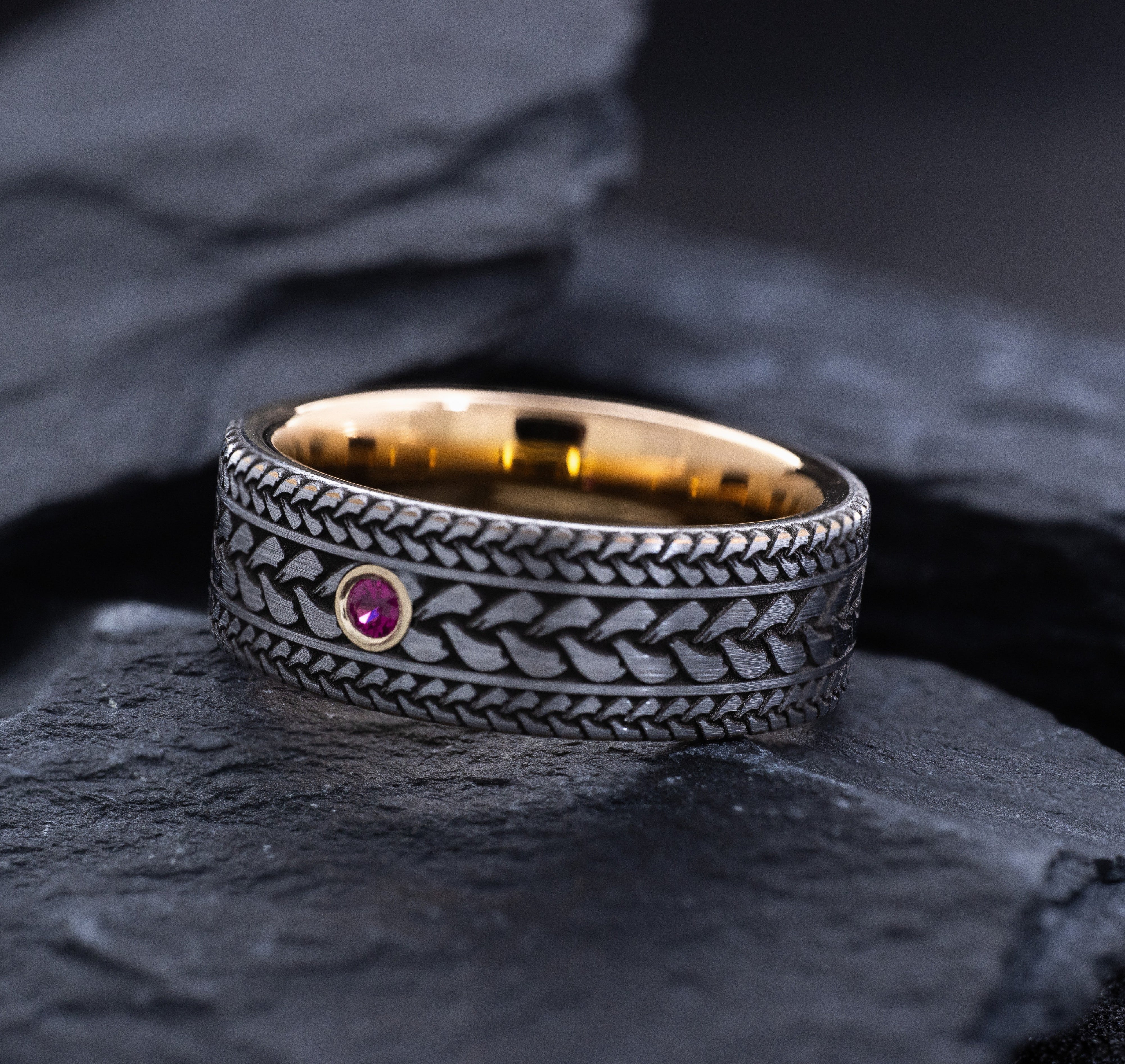 Tungsten Carbide 8mm Ring with Rose Gold Plating, Gemstone and Deep Engraved Celtic Knots