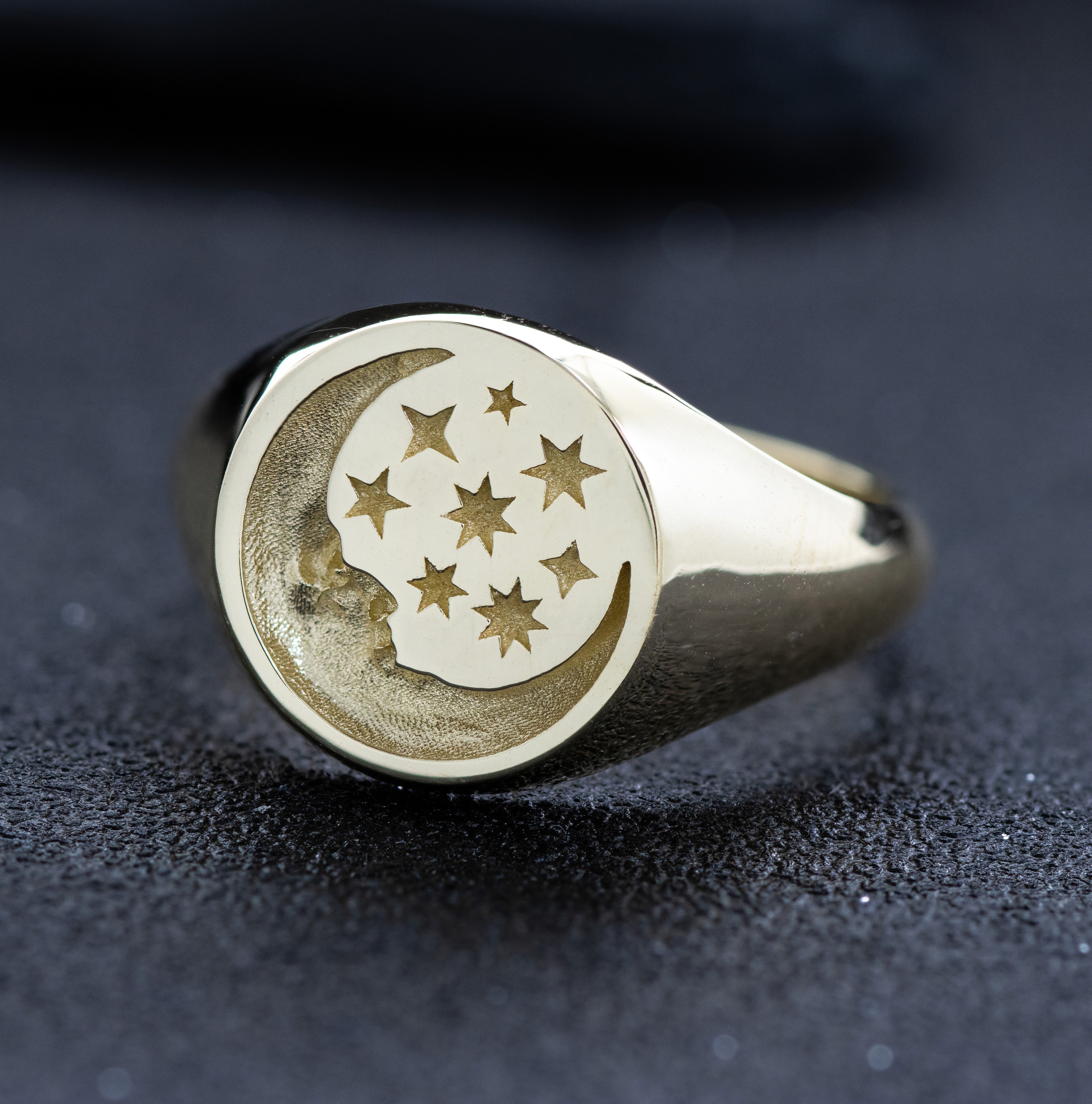 Moon Face and Stars Wax Seal Signet Ring, 14k Solid Yellow Gold Ring
