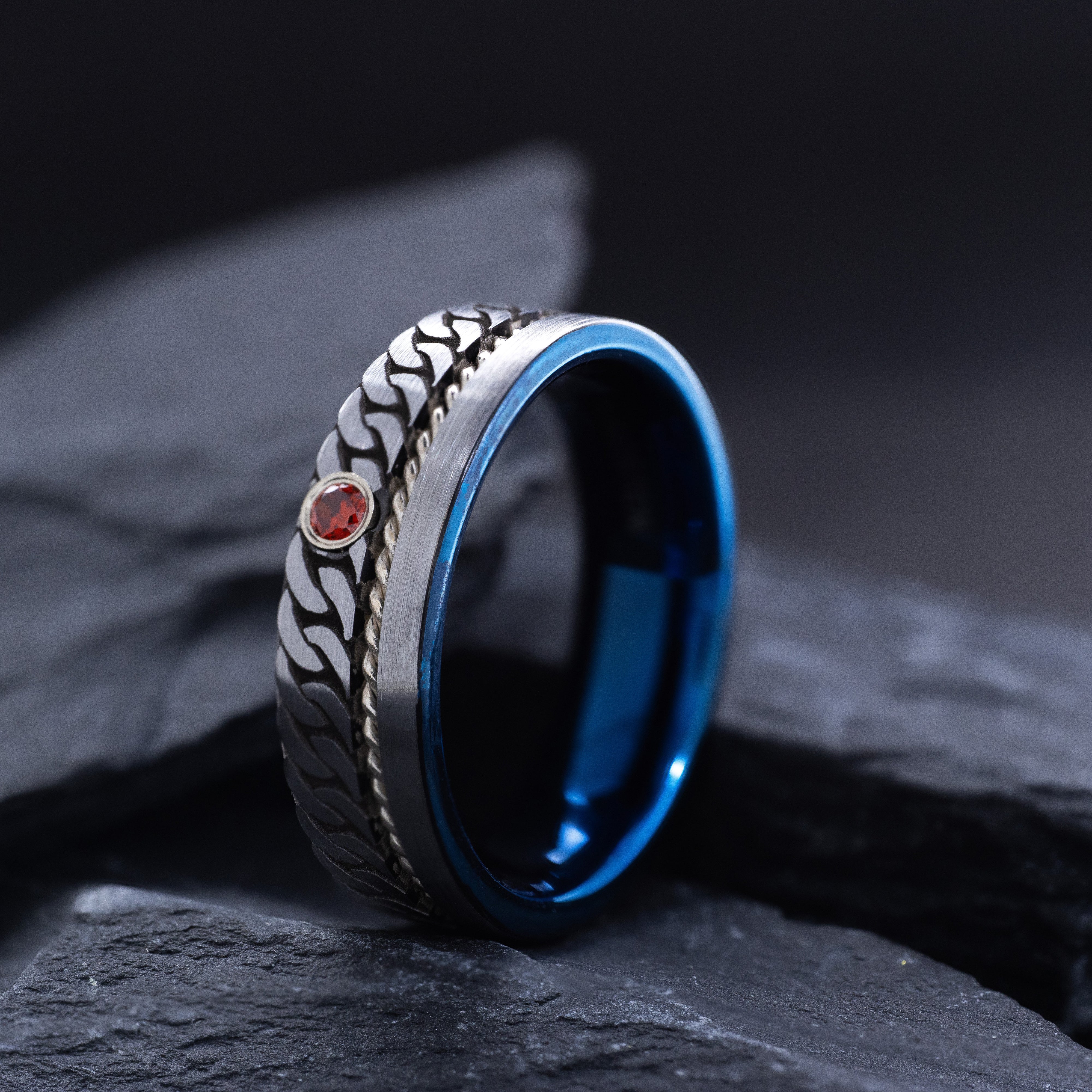 7mm Blue Tungsten Carbide Band with Twisted Rope, Deep Engraved Celtic Knot and Gemstone