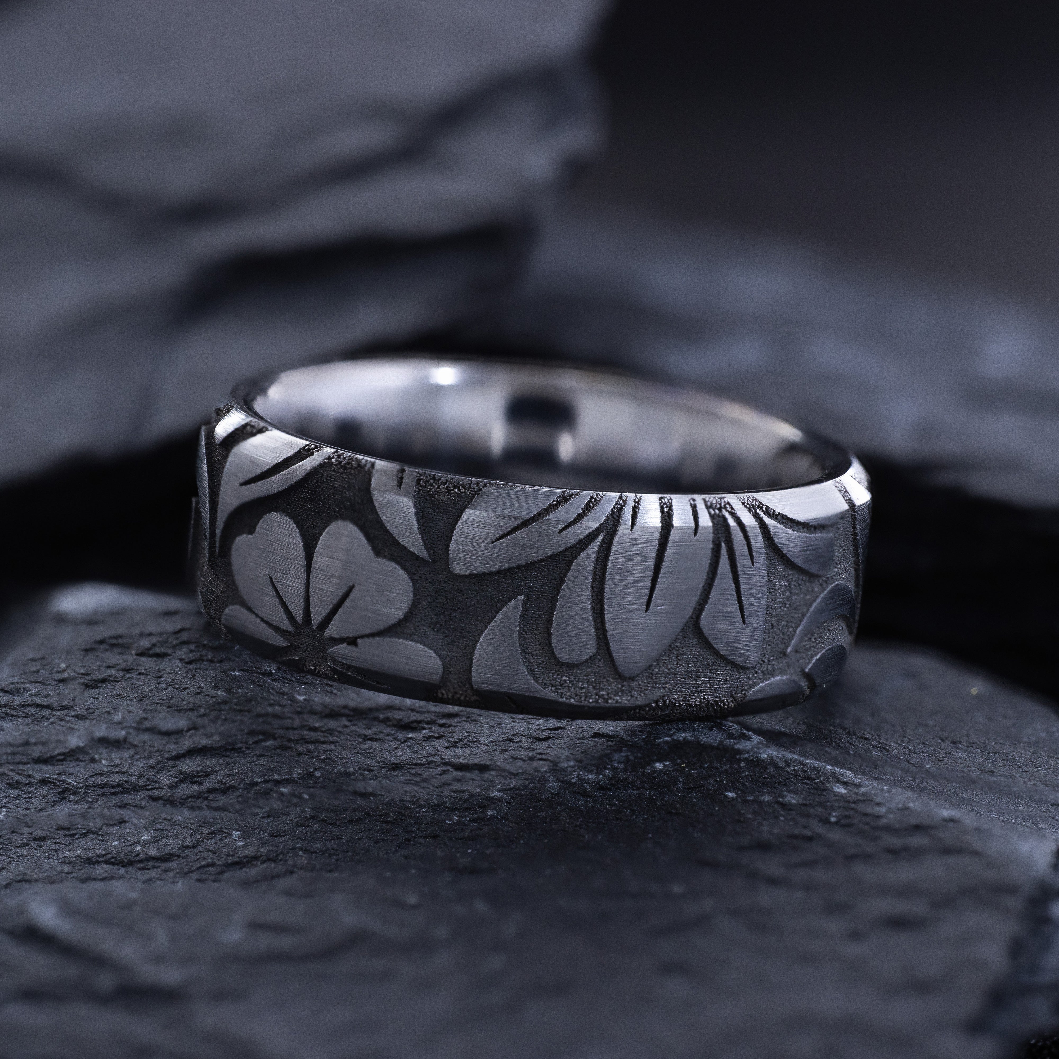 Hawaiian Floral Deep Engraved Tungsten Carbide Ring, 8mm Wedding Band