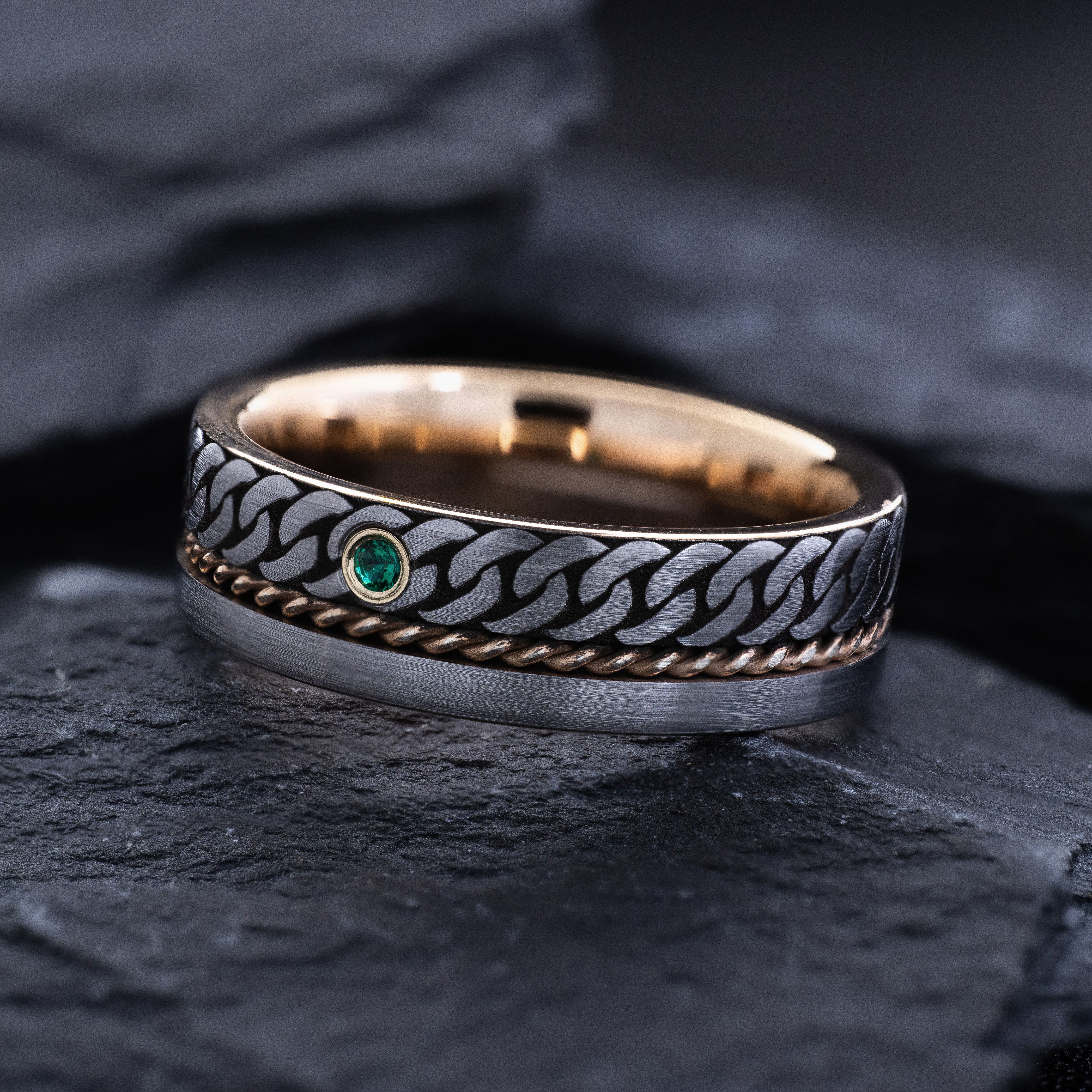 rose gold plated tungsten ring with celtic knot and gemstone