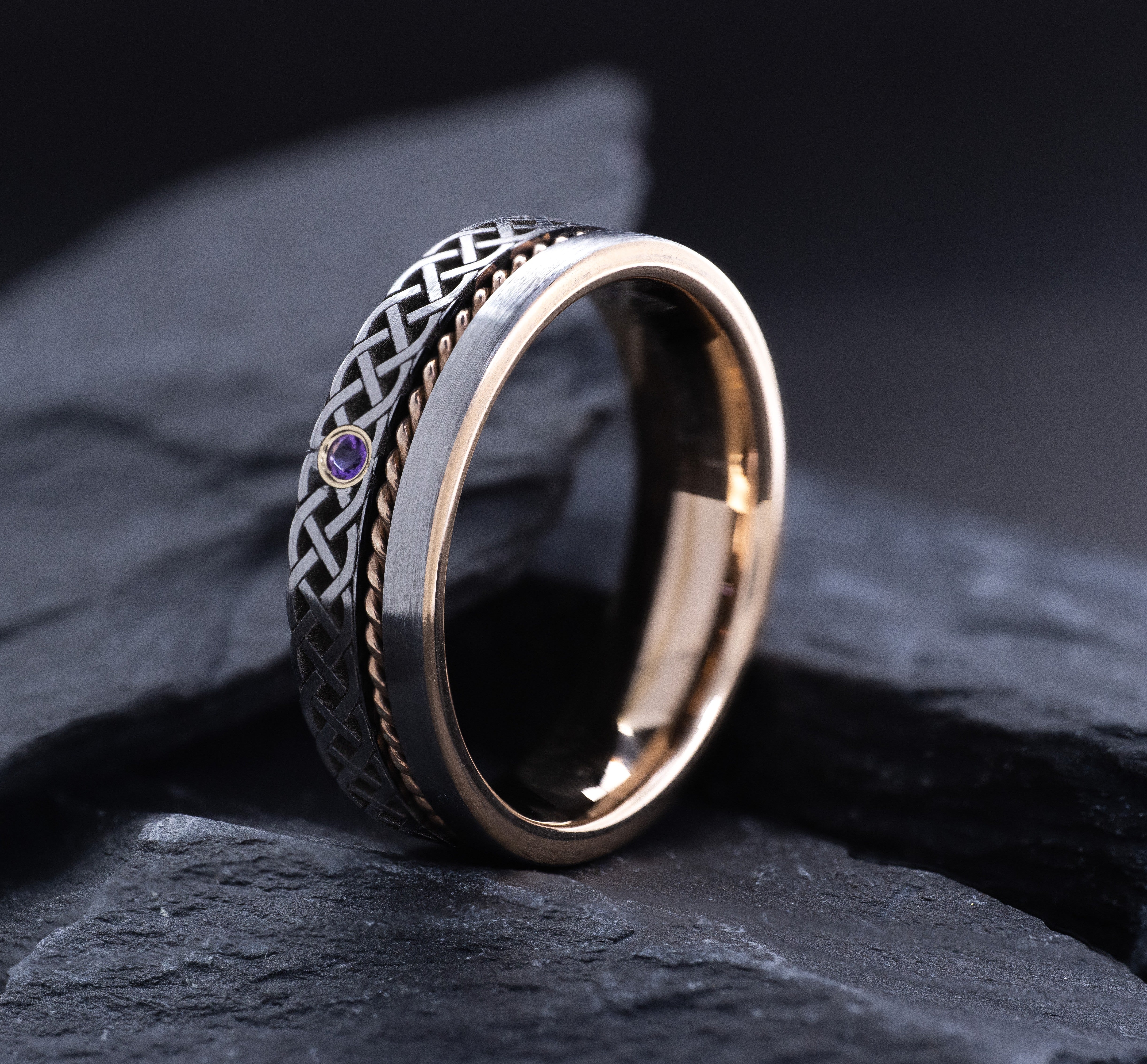 7mm Rose Gold Plated Tungsten Carbide Ring with Twisted Rope, Irish Knot Engravings & Gemstone