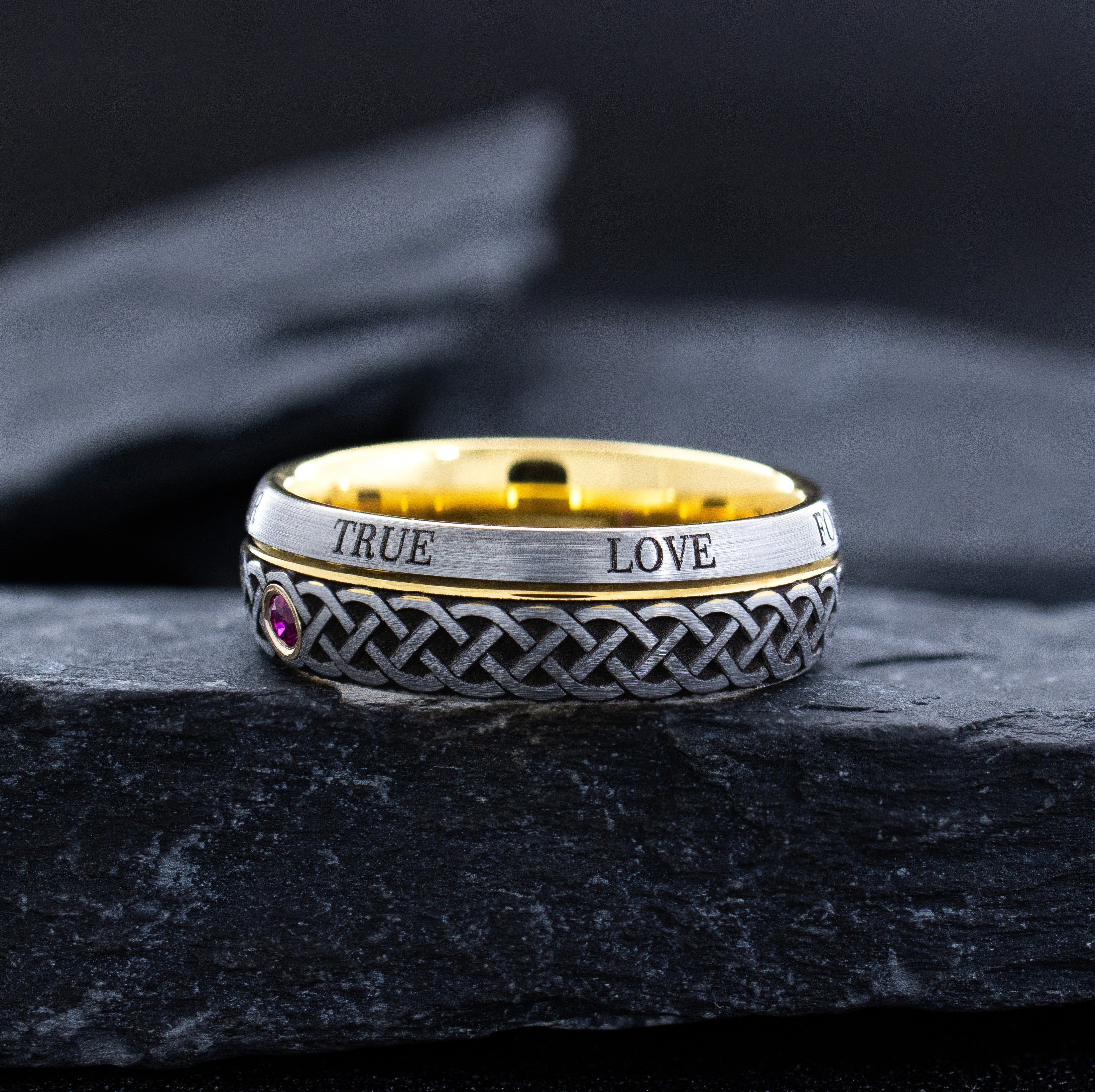 Tungsten Carbide 7mm Ring with Yellow Gold Plating, Gemstone, Engraved Celtic Knot and Romantic Text