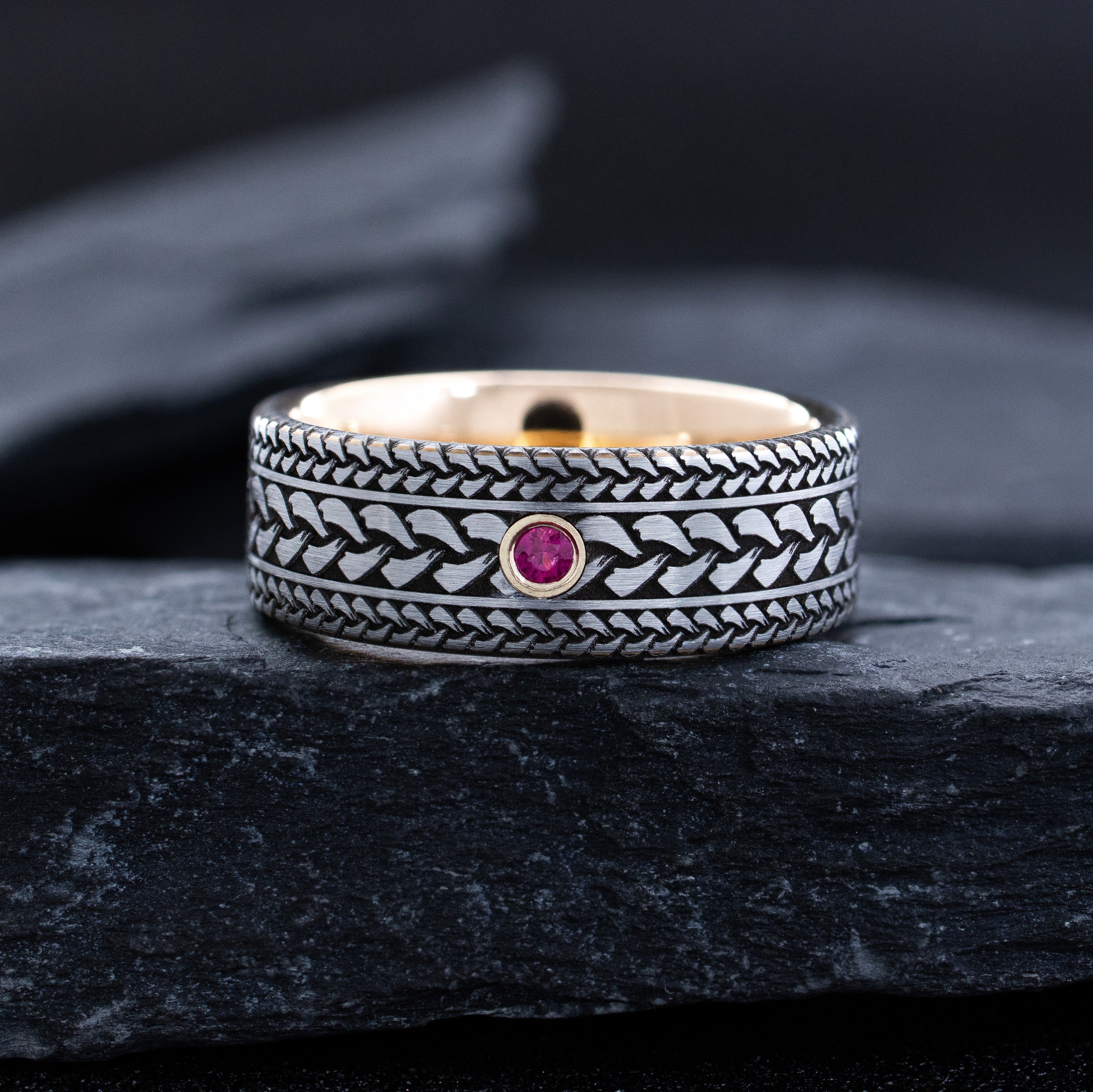 Tungsten Carbide 8mm Ring with Rose Gold Plating, Gemstone and Deep Engraved Celtic Knots