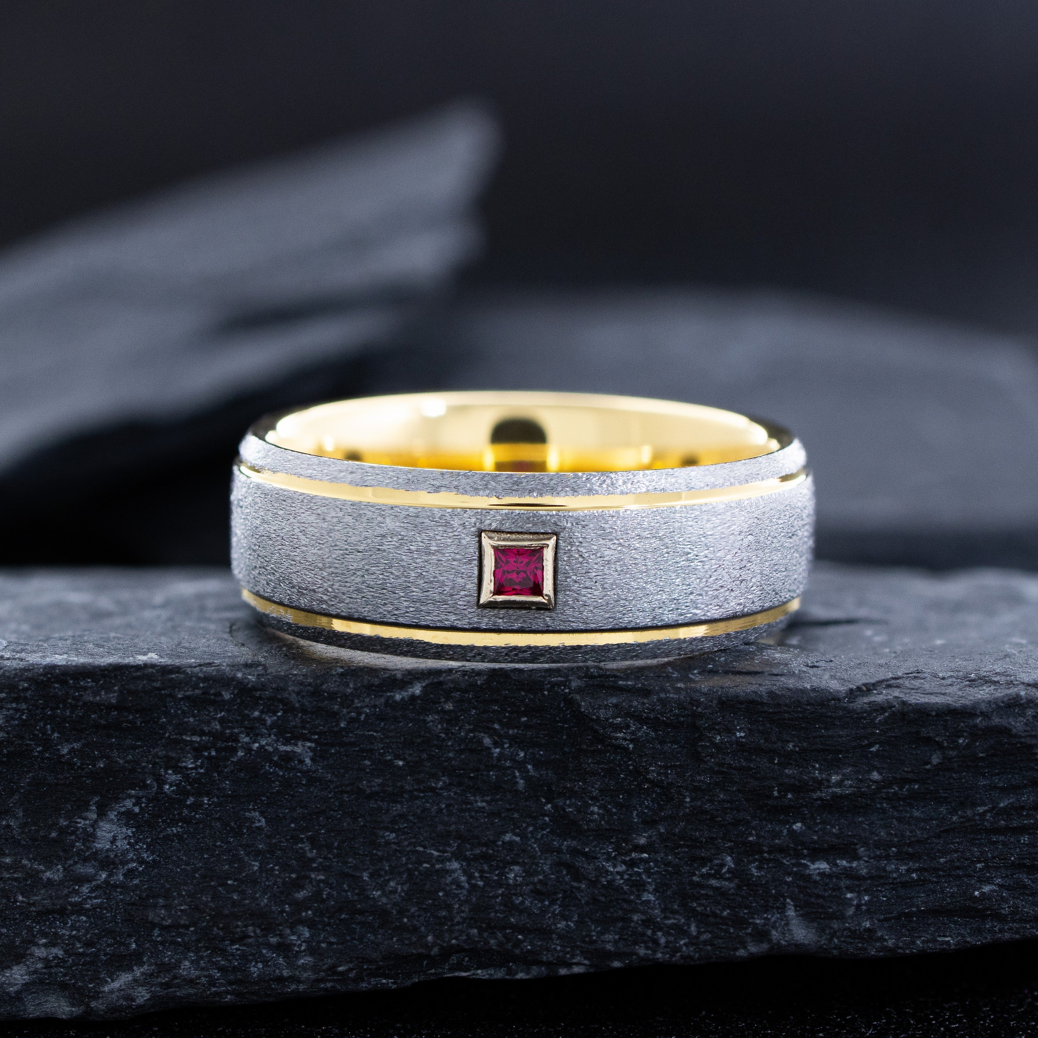 8mm Grooved Yellow Gold Plated Tungsten Carbide Ring with Birthstone