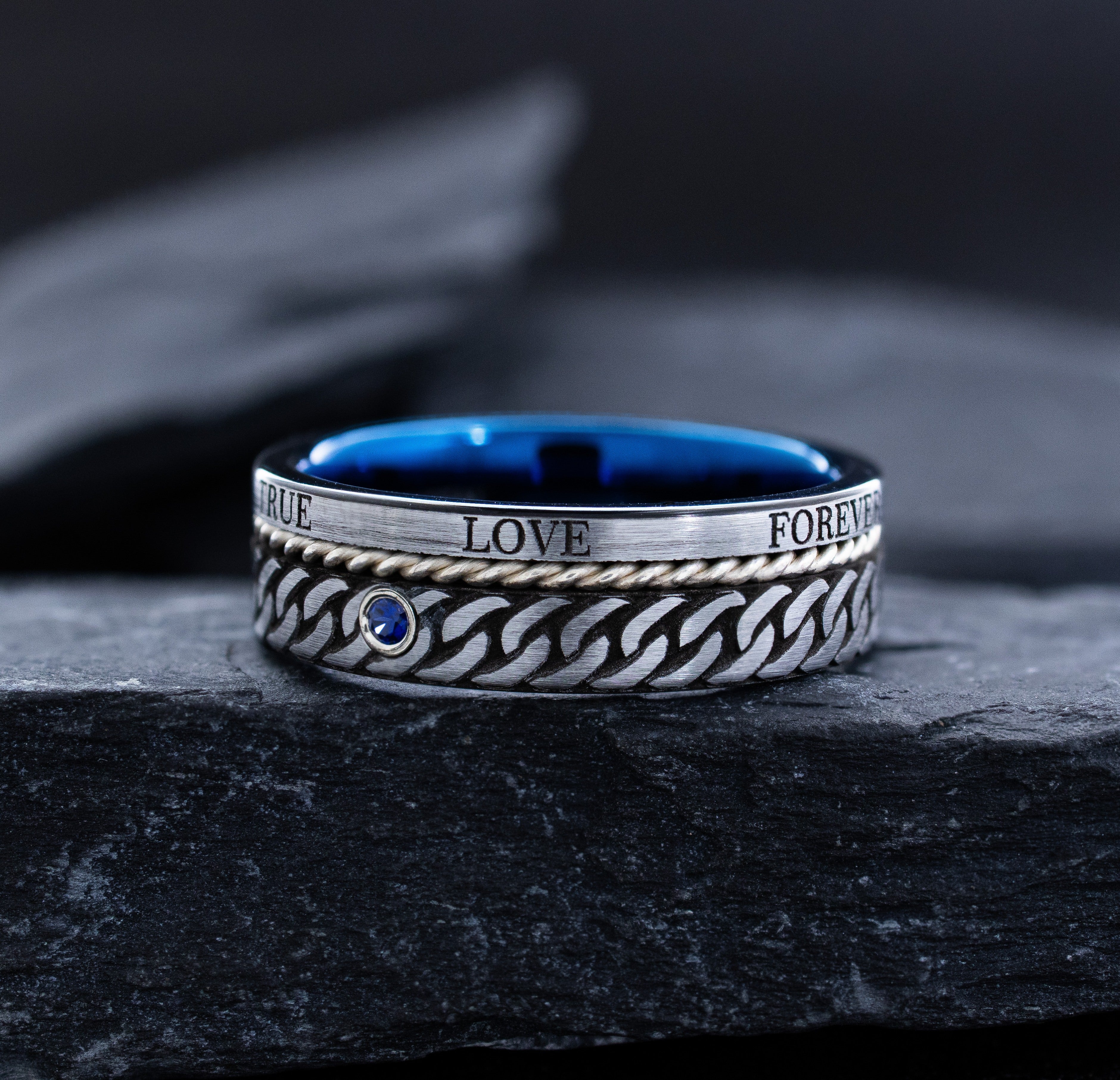 7mm Blue Tungsten Carbide Band with Braided Rope, Deep Engraved Celtic Knot, Birthstone, and Romantic Engravings