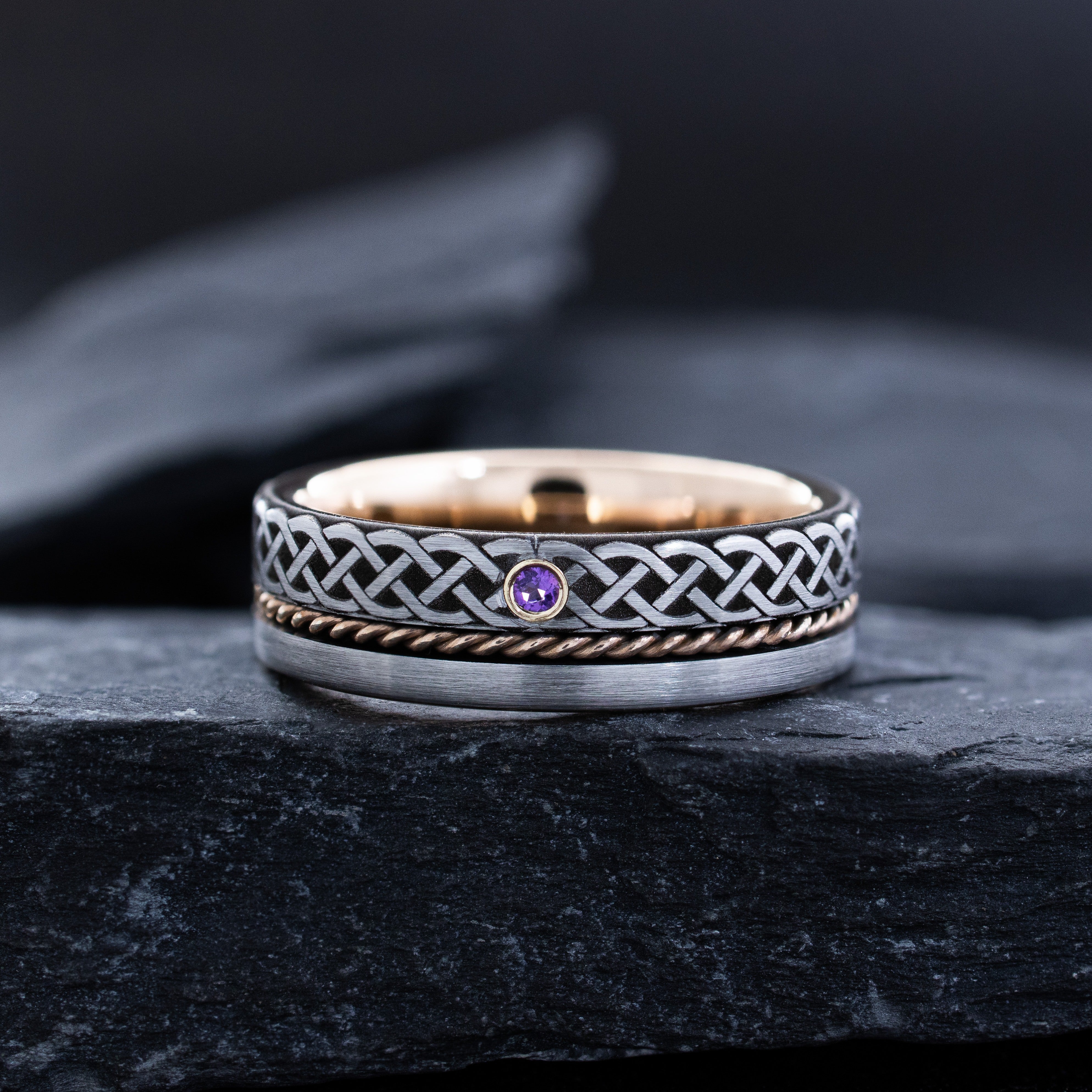 7mm Rose Gold Plated Tungsten Carbide Ring with Twisted Rope, Irish Knot Engravings & Gemstone