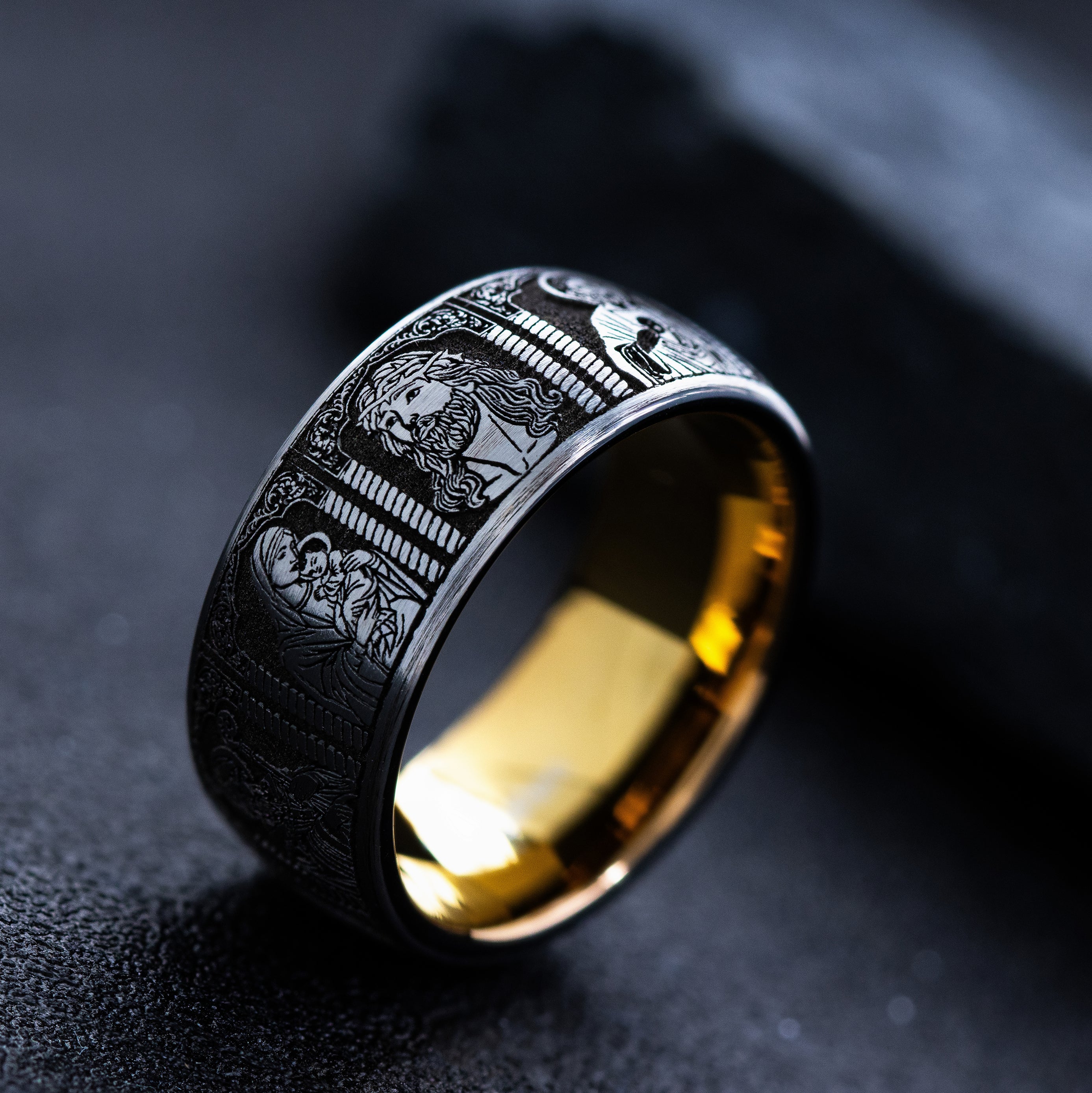 9mm Rose Gold and Black Tungsten Ring with Deep Engraved Christians Saints