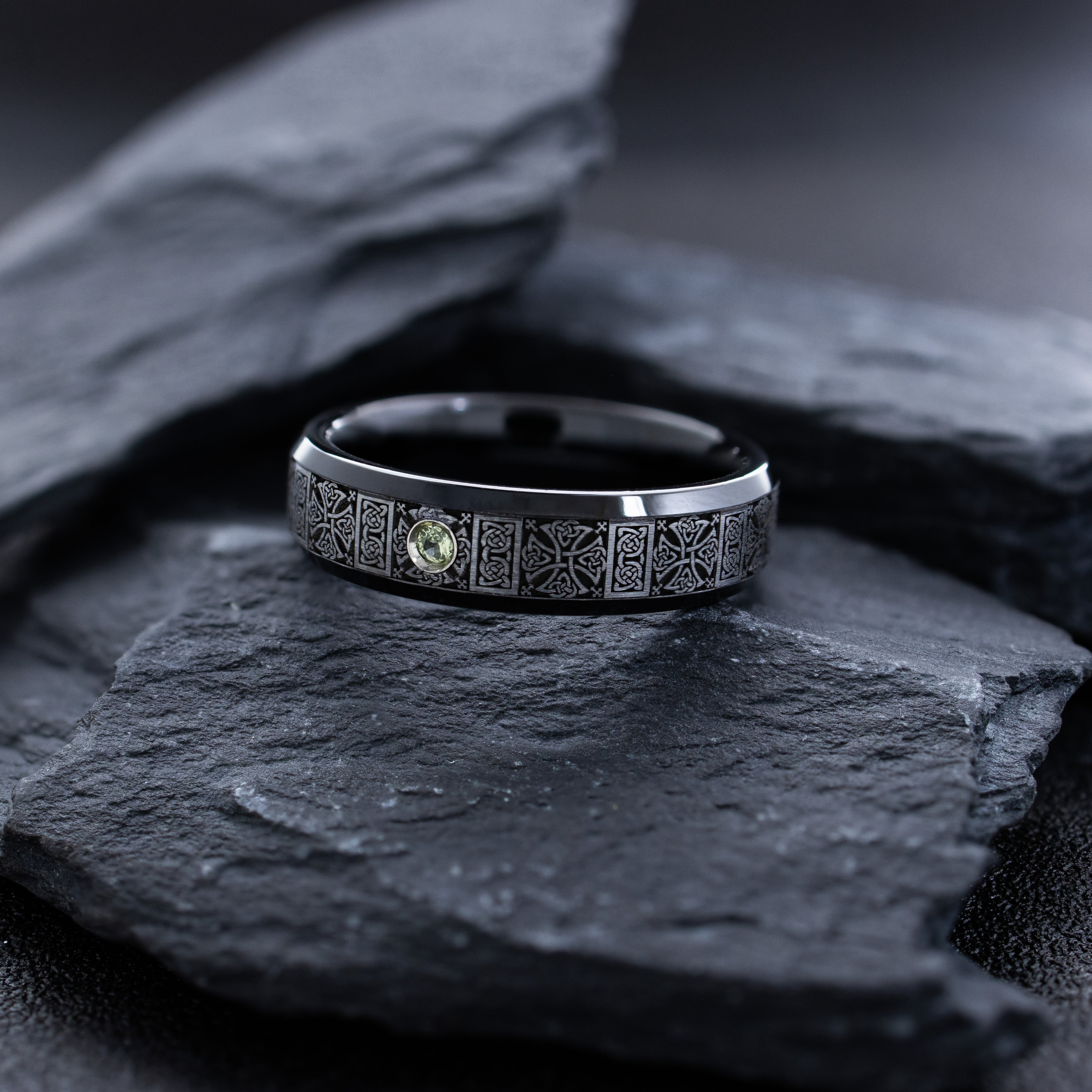6mm Black Tungsten Carbide Ring with Round Cut Gemstone and Celtic Engravings
