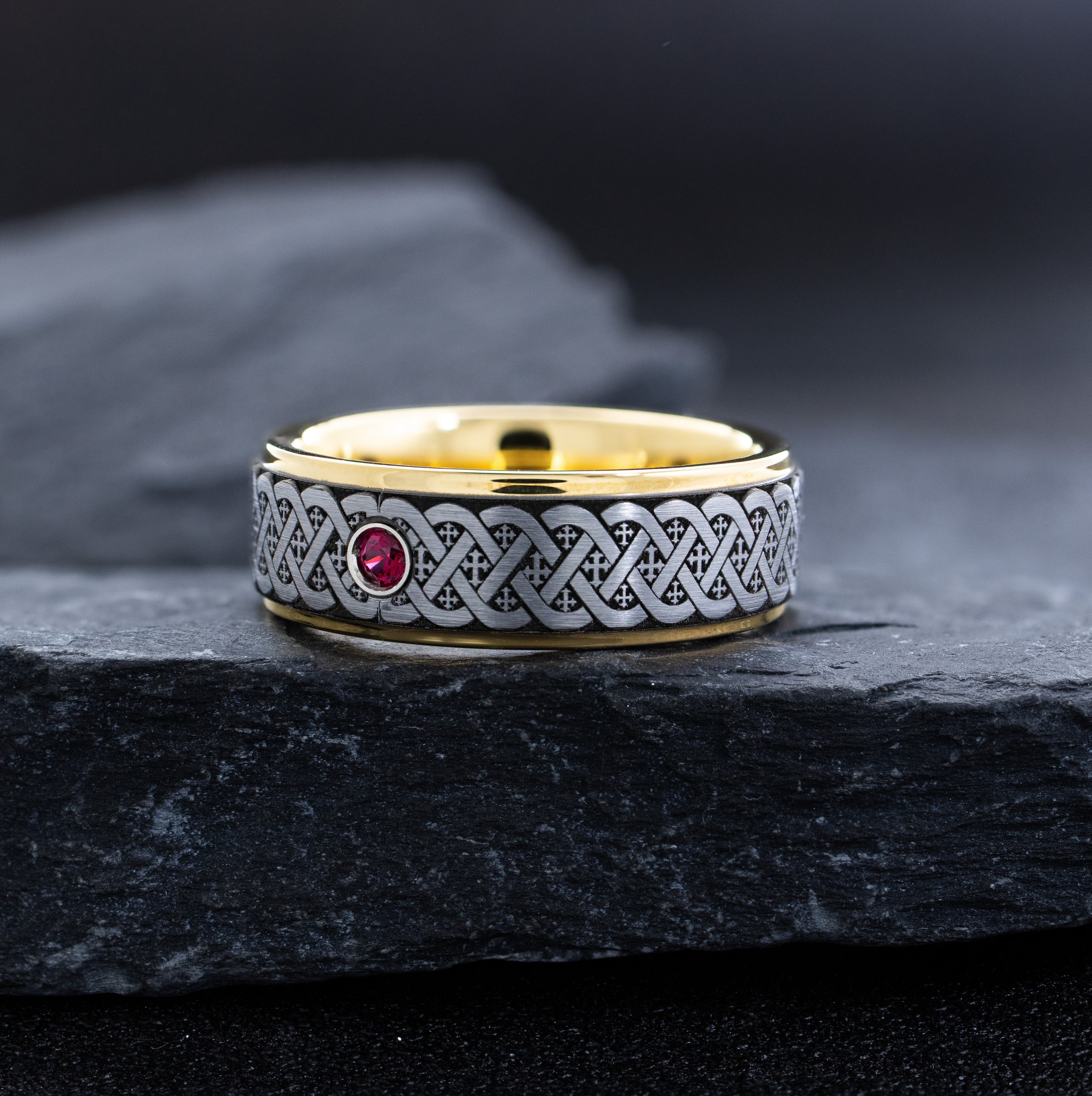 8mm Yellow Gold Plated Tungsten Carbide Ring with Deep Engraved Knot, Crosses and Gemstone