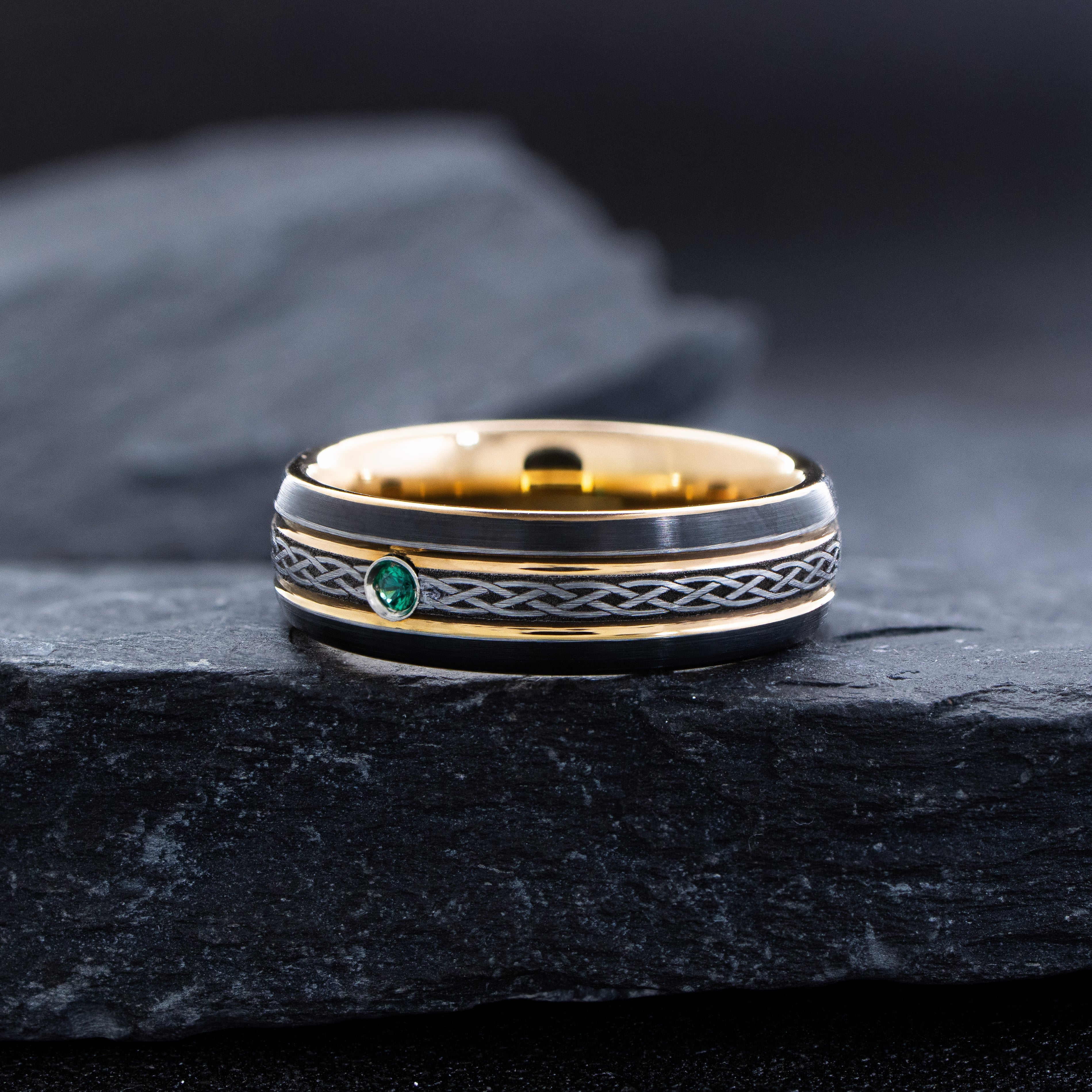 Black 7mm Tungsten Carbide Ring with Rose Gold Plating, Celtic Knot Engraving & Birthstone