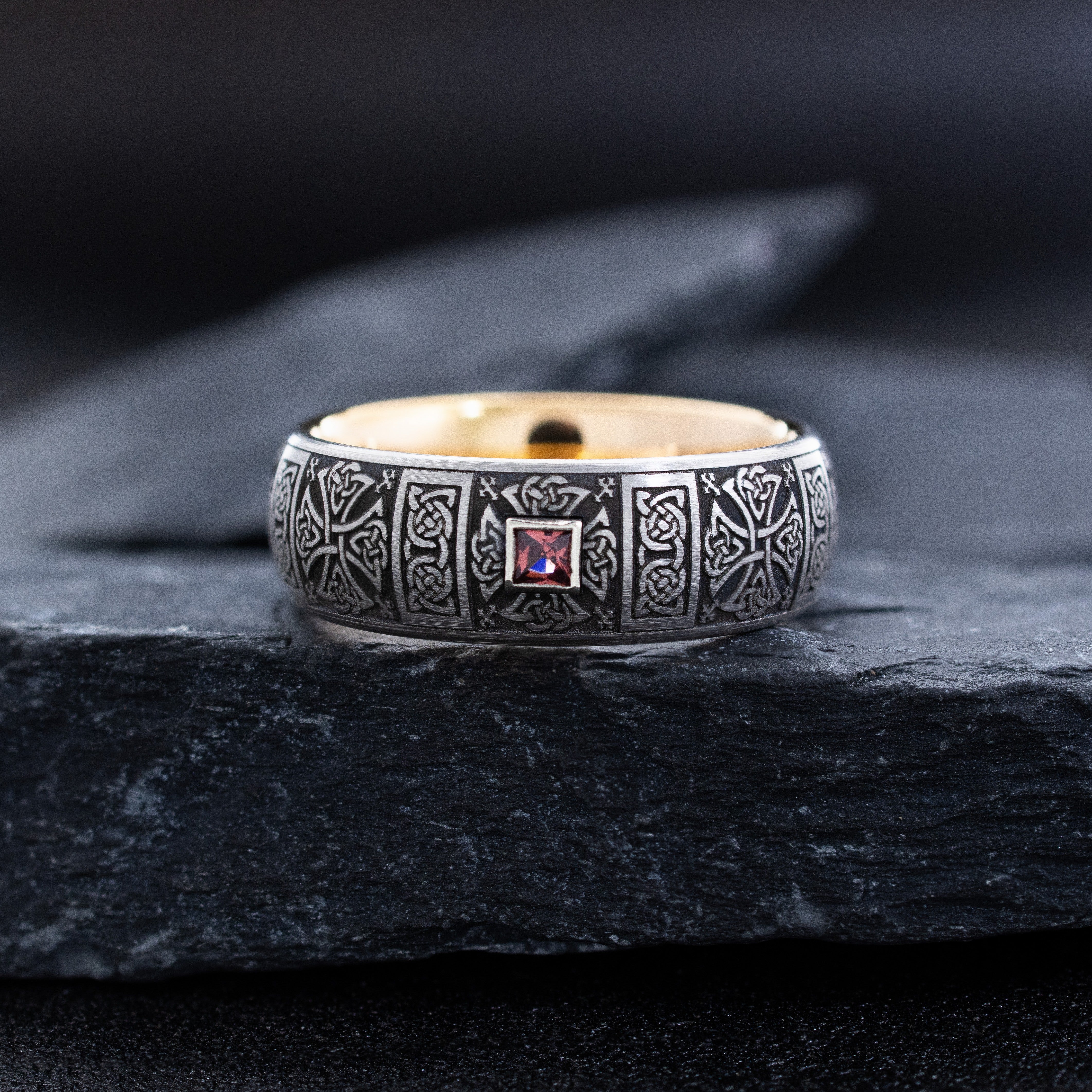 8mm Rose Gold Plated Deep Engraved Celtic Cross Tungsten Carbide Ring with Princess Cut Gemstone