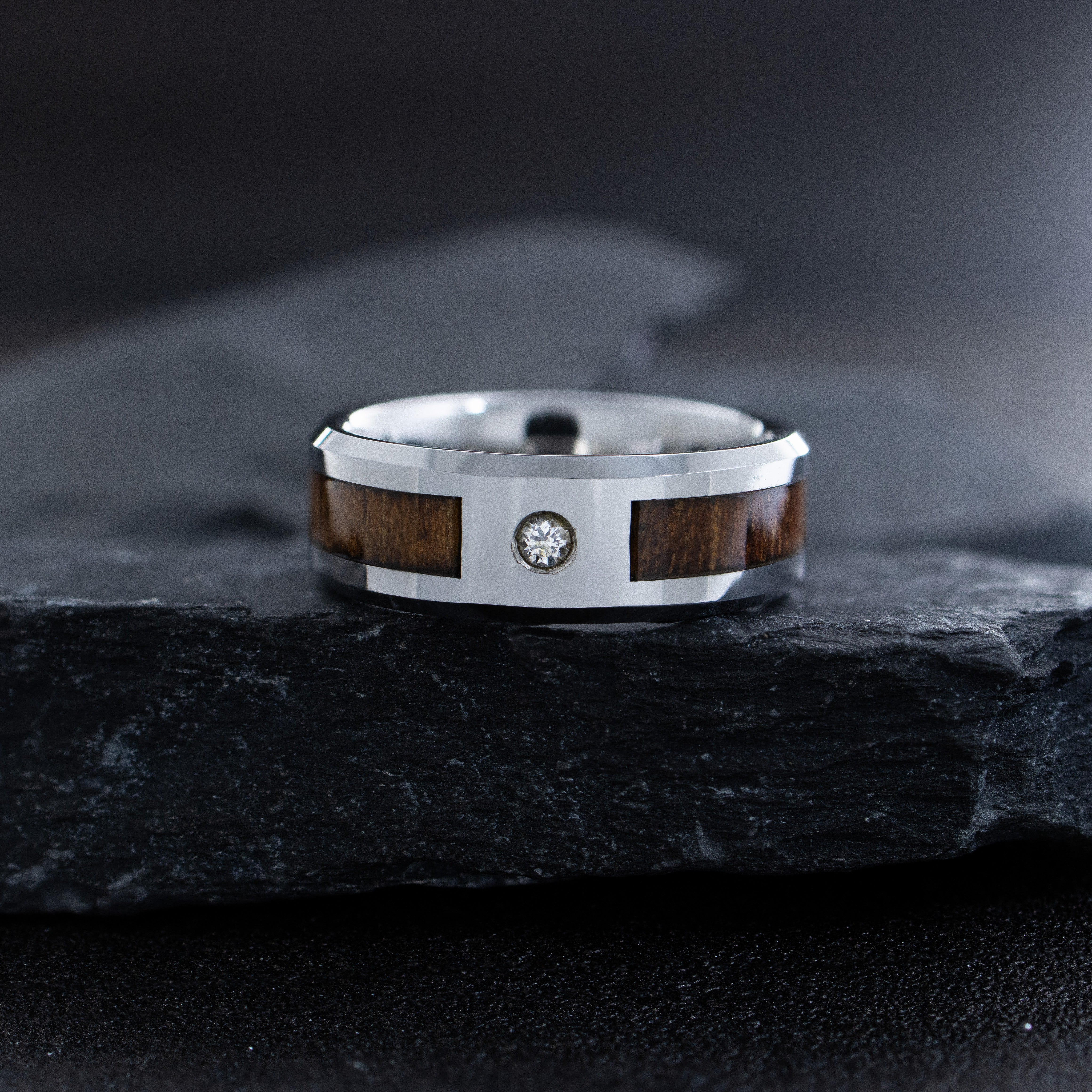 8mm Tungsten Carbide Ring with Koa Wood and Gemstone