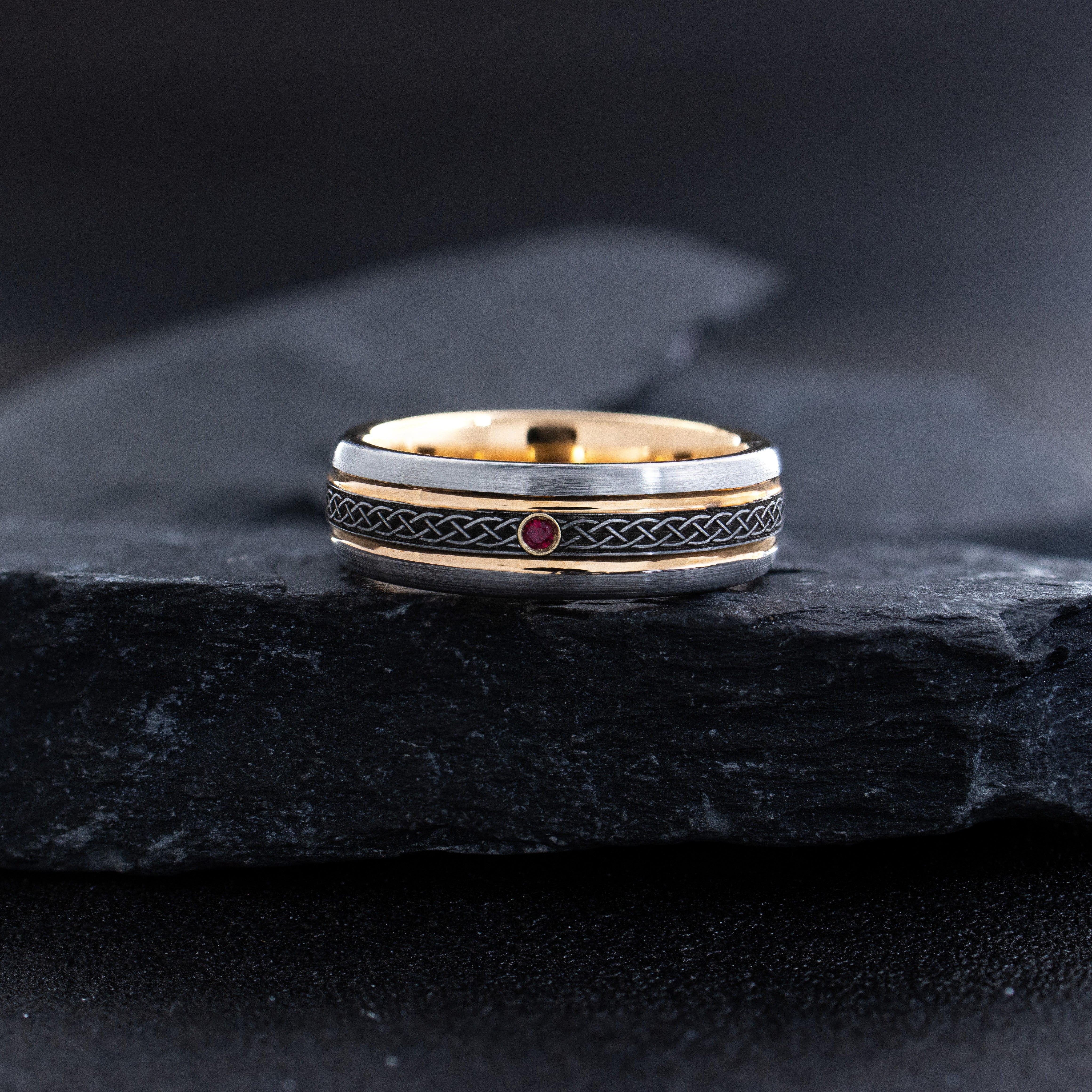 7mm Rose Gold Tungsten Carbide Ring with Celtic Knot Engravings & Gemstone