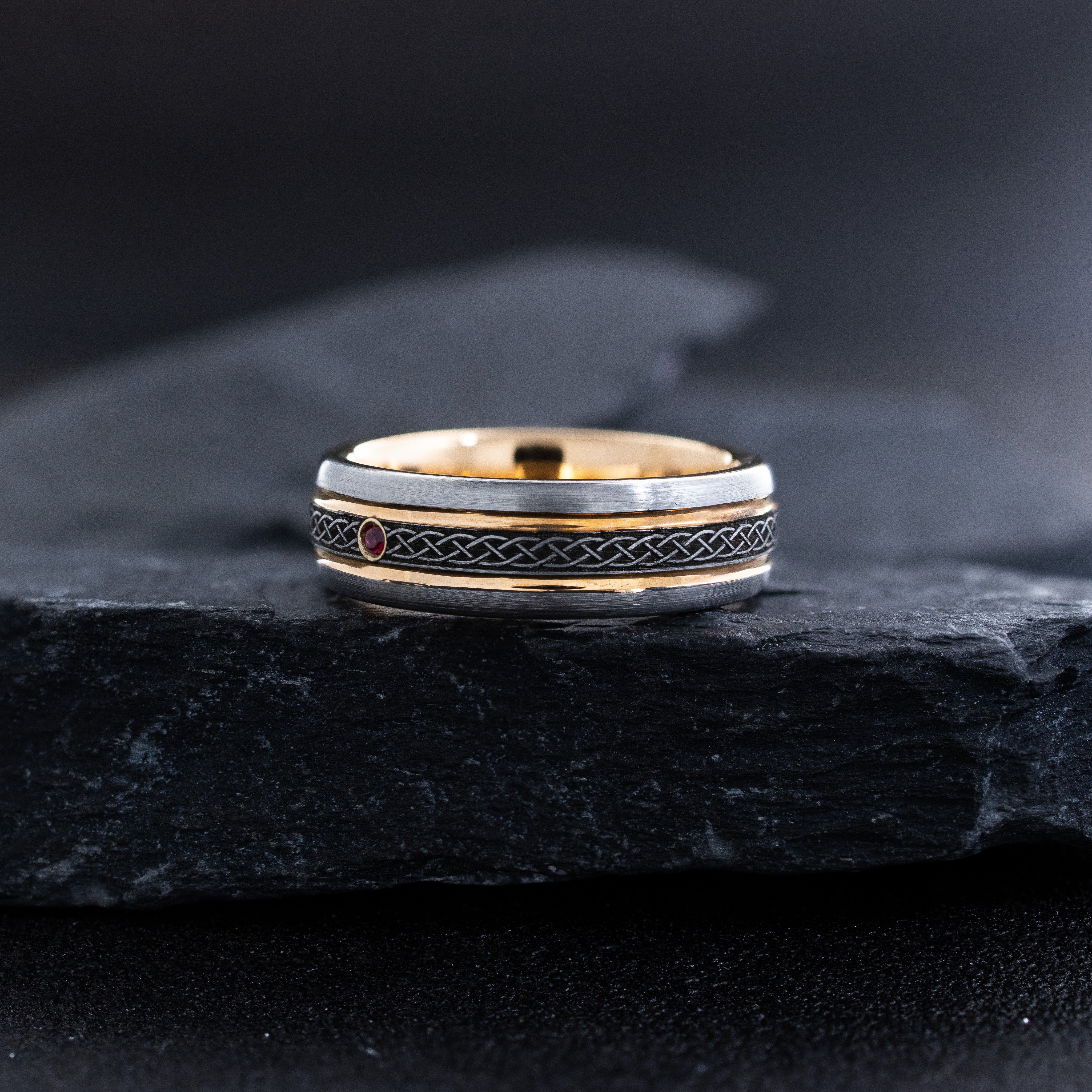 7mm Rose Gold Tungsten Carbide Ring with Celtic Knot Engravings & Gemstone