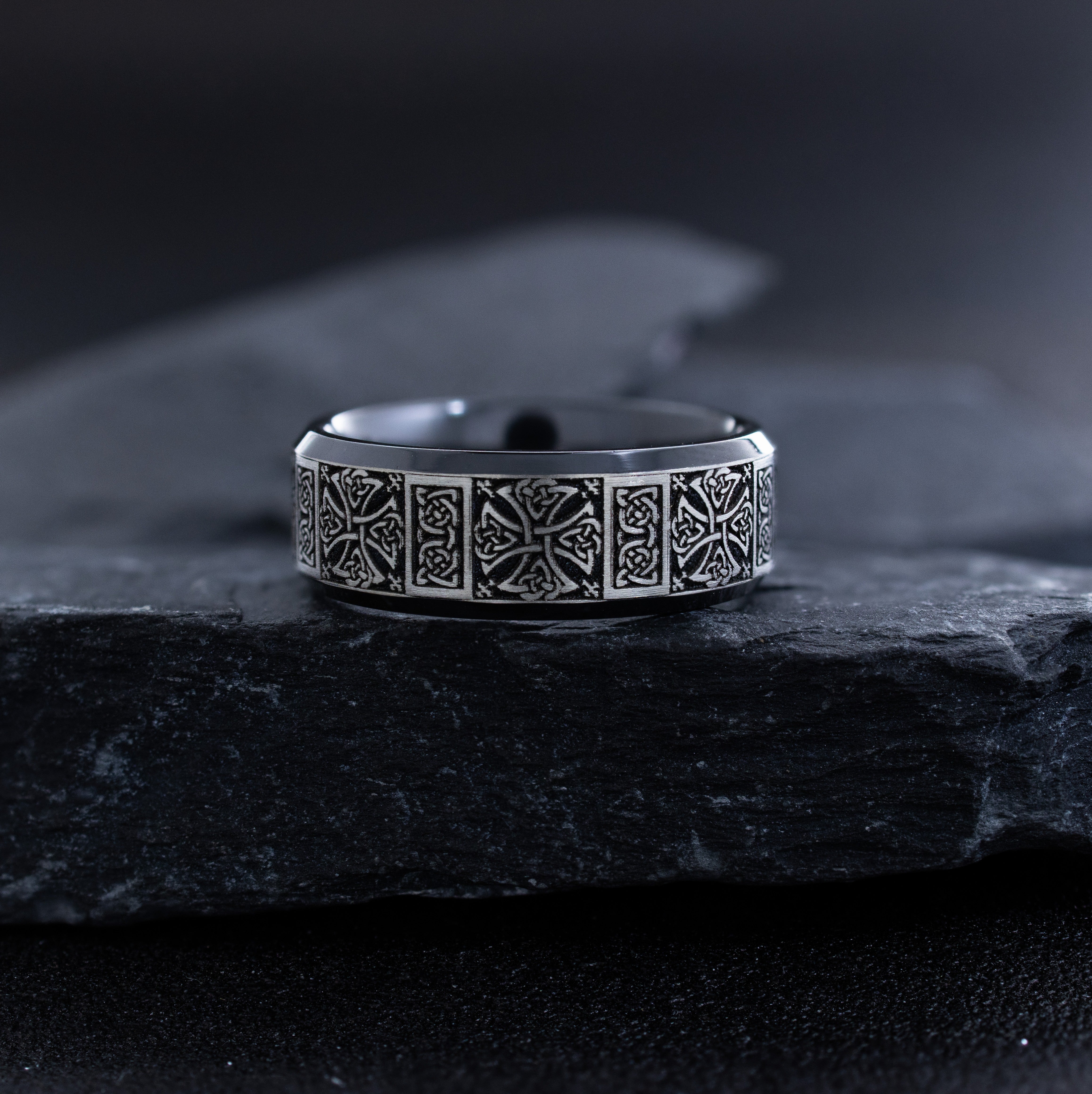 8mm Black Zirconium Ring with Engraved Celtic Symbols and Three Gemstones