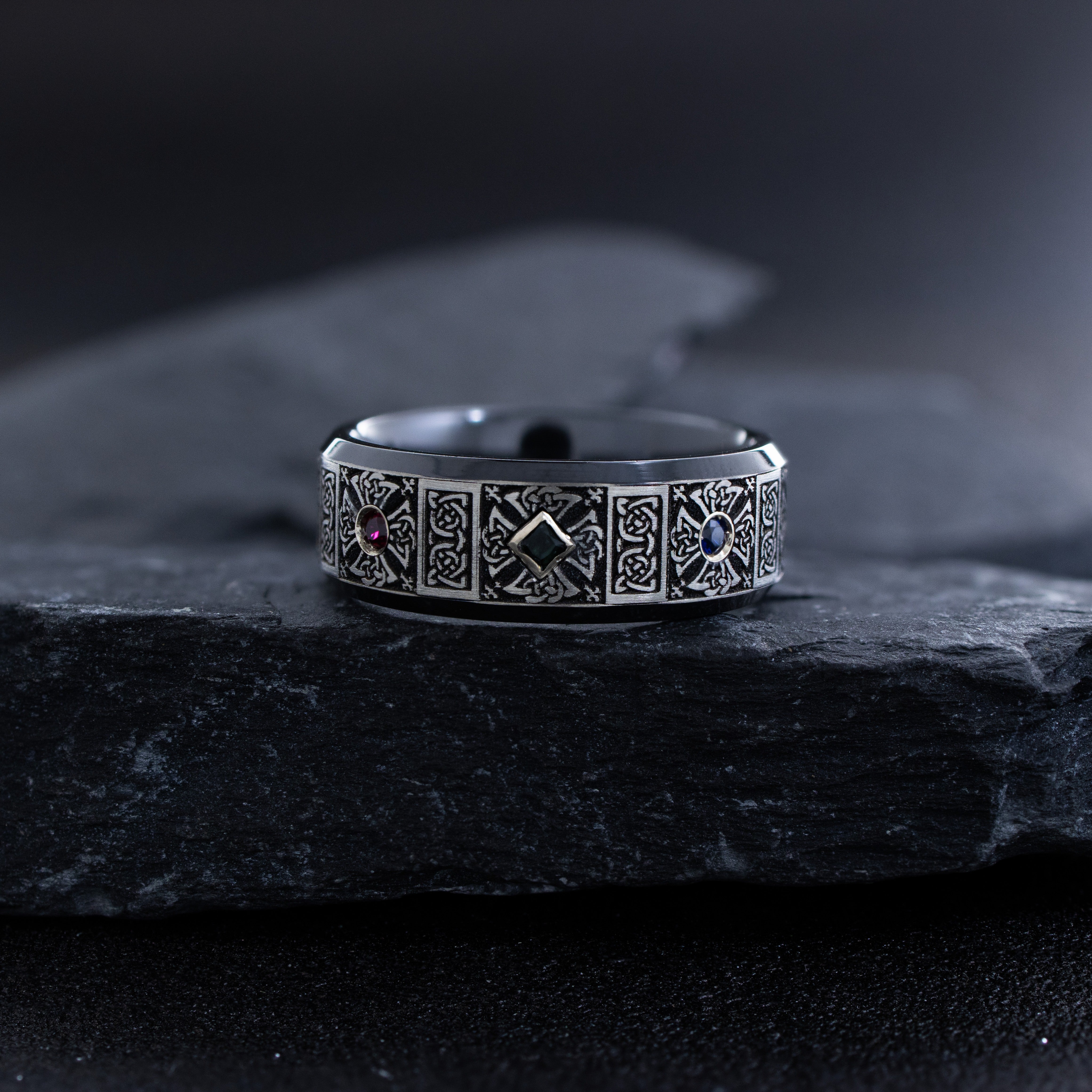 8mm Black Zirconium Ring with Engraved Celtic Symbols and Three Gemstones