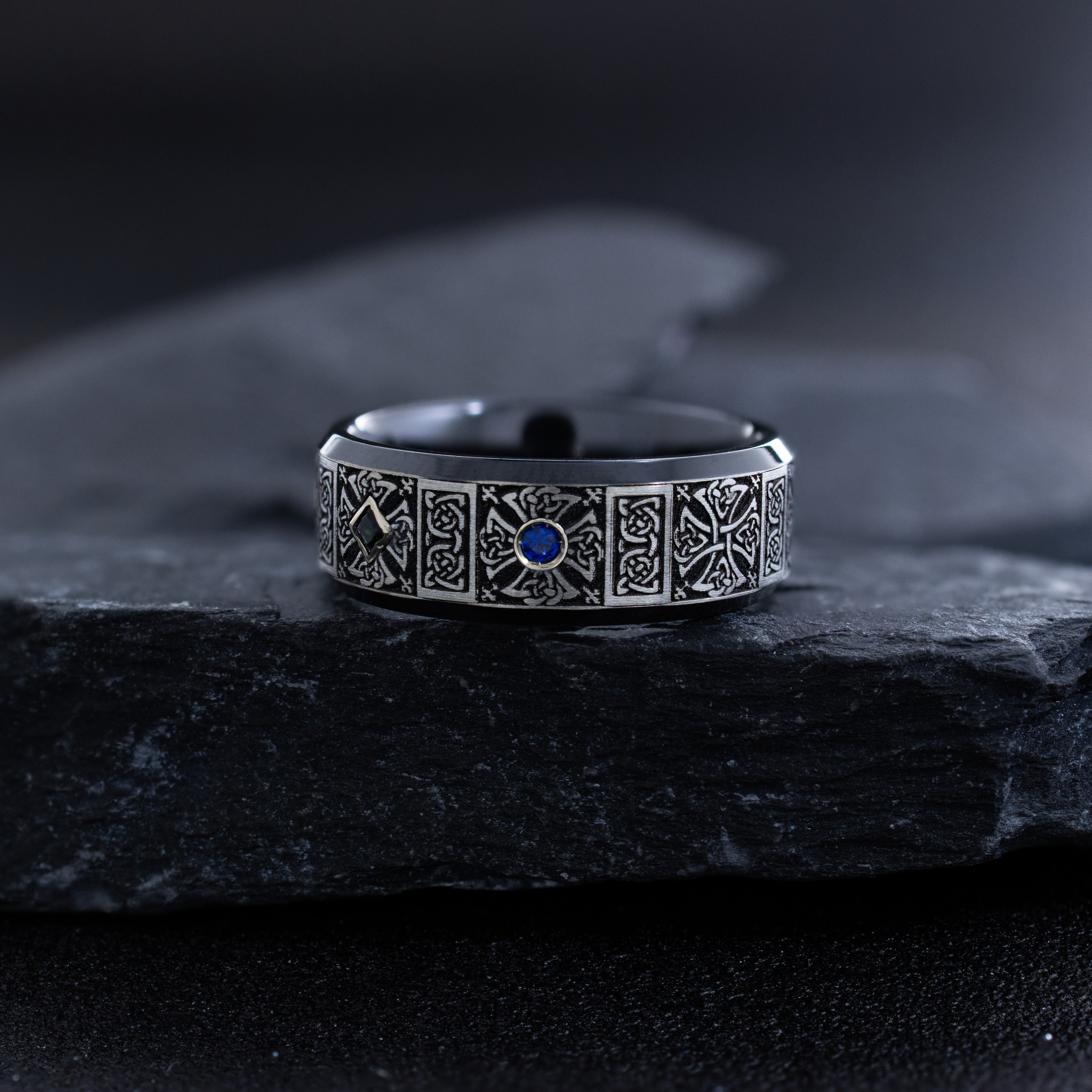 8mm Black Zirconium Ring with Engraved Celtic Symbols and Three Gemstones