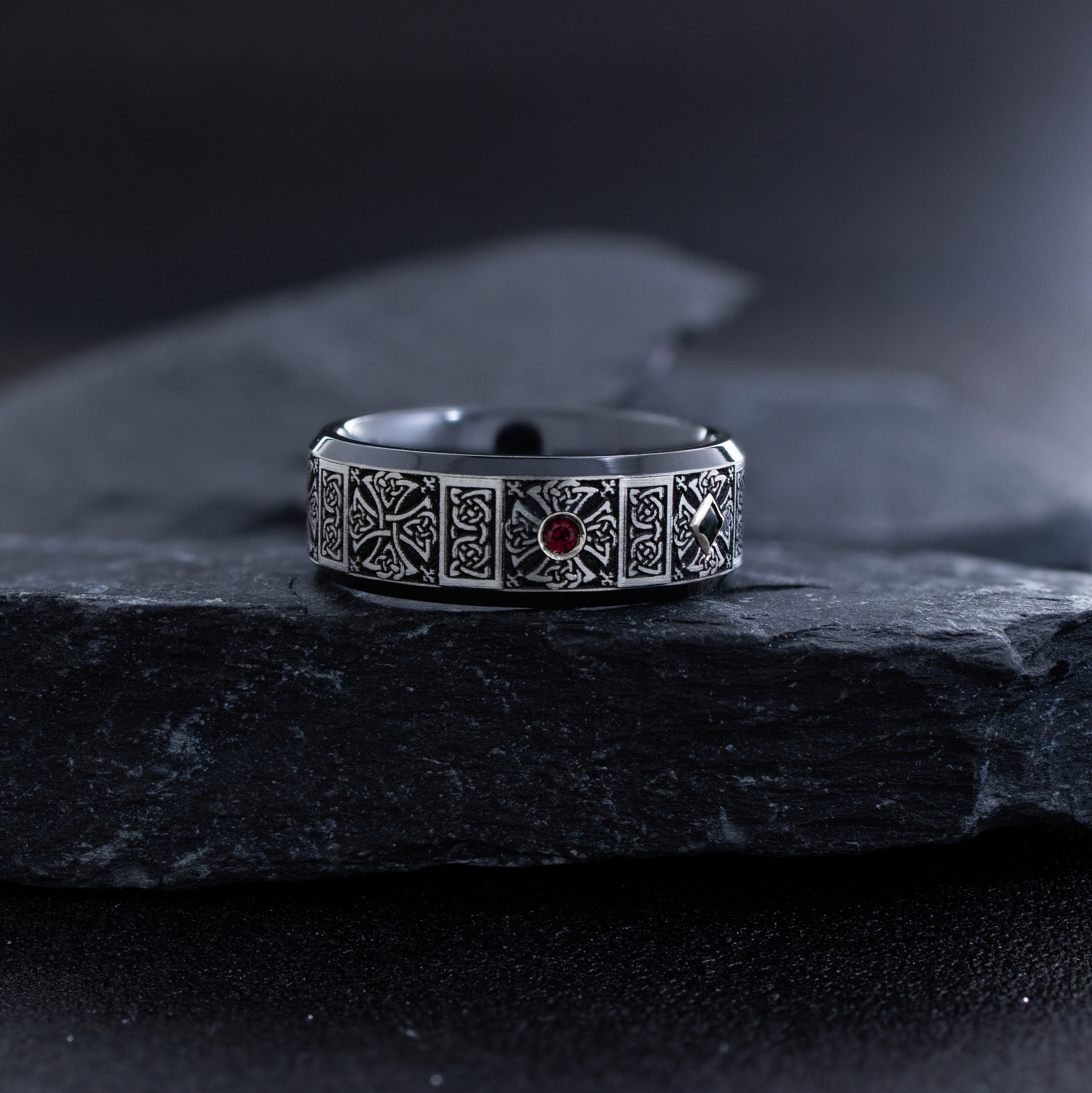 8mm Black Zirconium Ring with Engraved Celtic Symbols and Three Gemstones