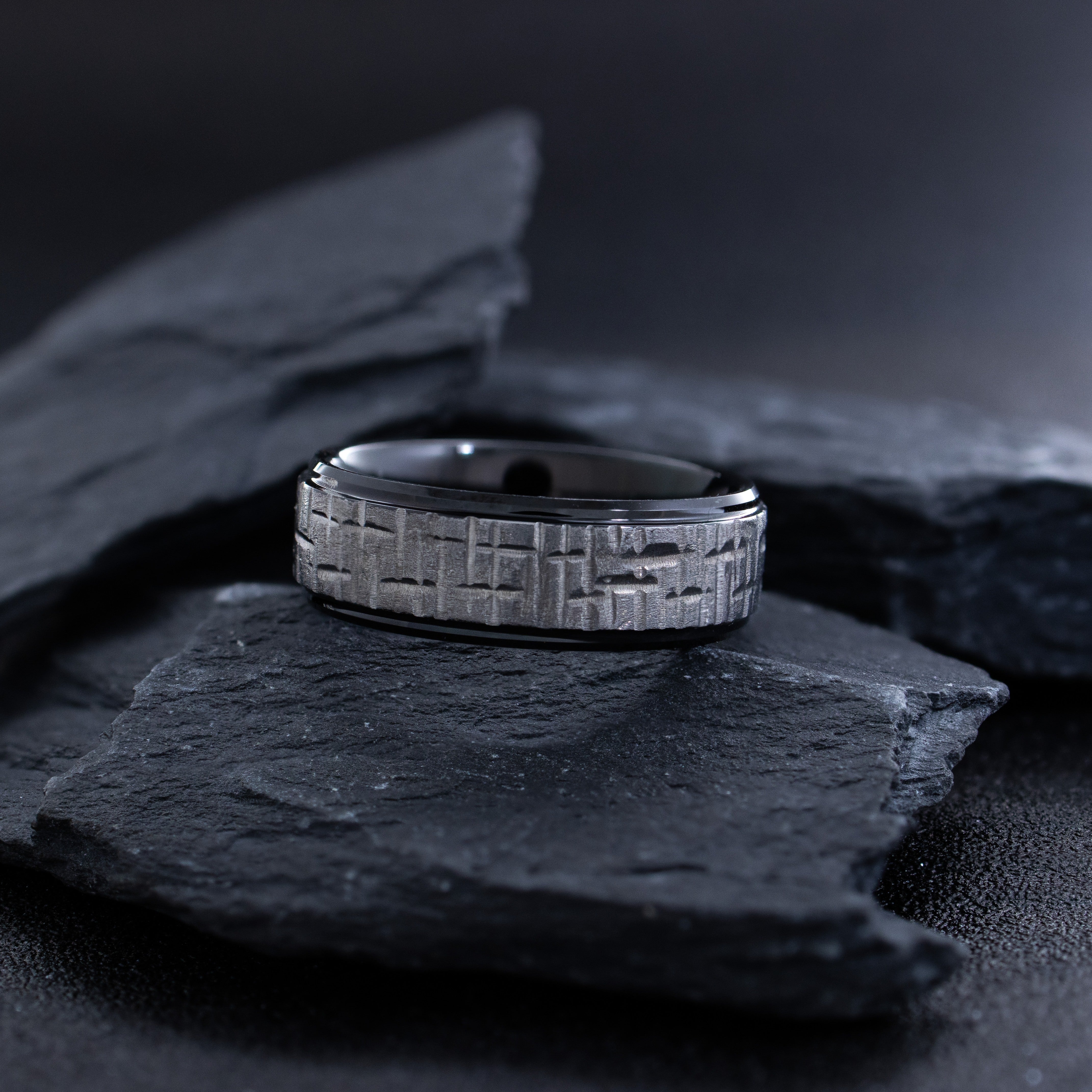 8mm Silver and Black Tungsten Carbide Ring with Geometric Cut Pattern
