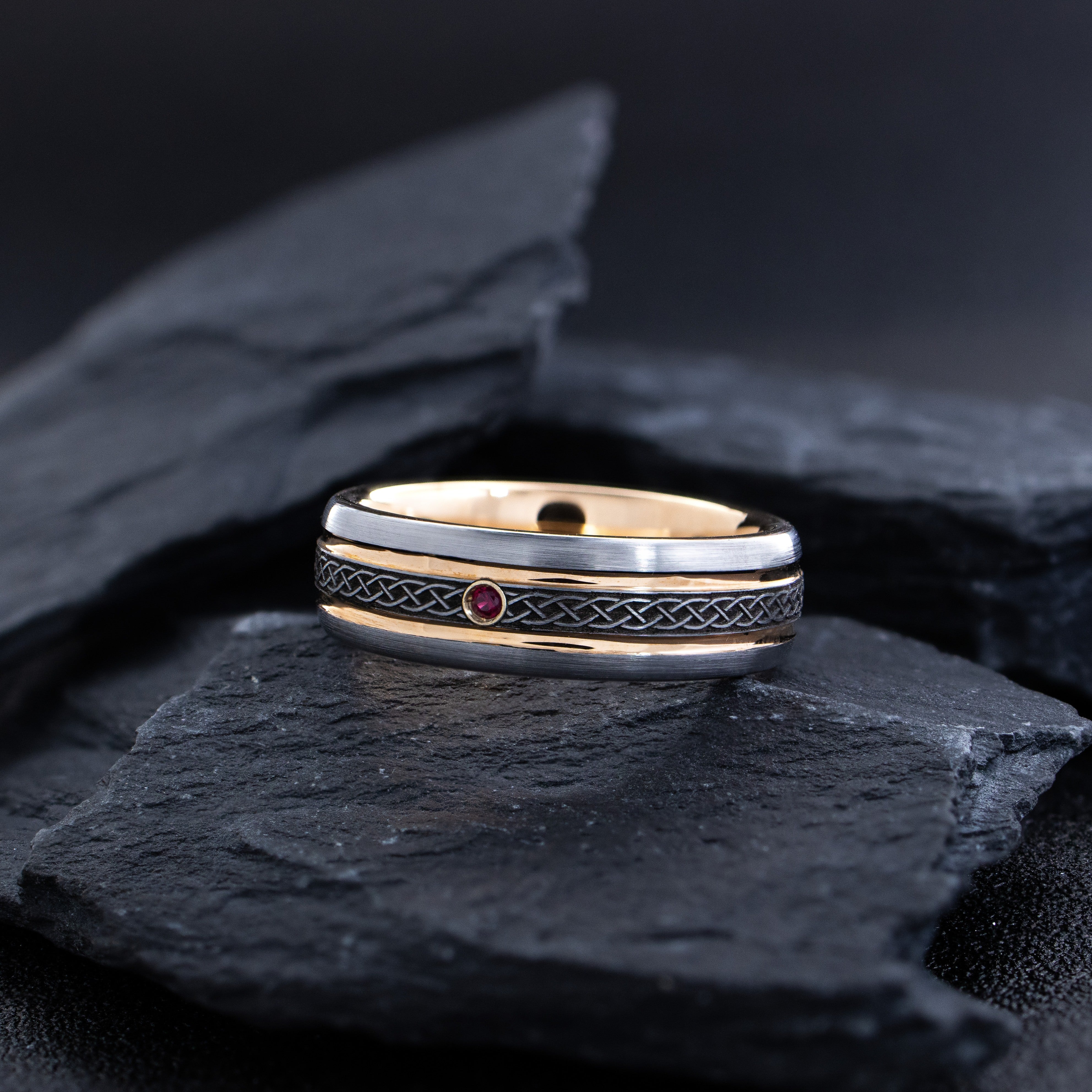 7mm Rose Gold Tungsten Carbide Ring with Celtic Knot Engravings & Gemstone