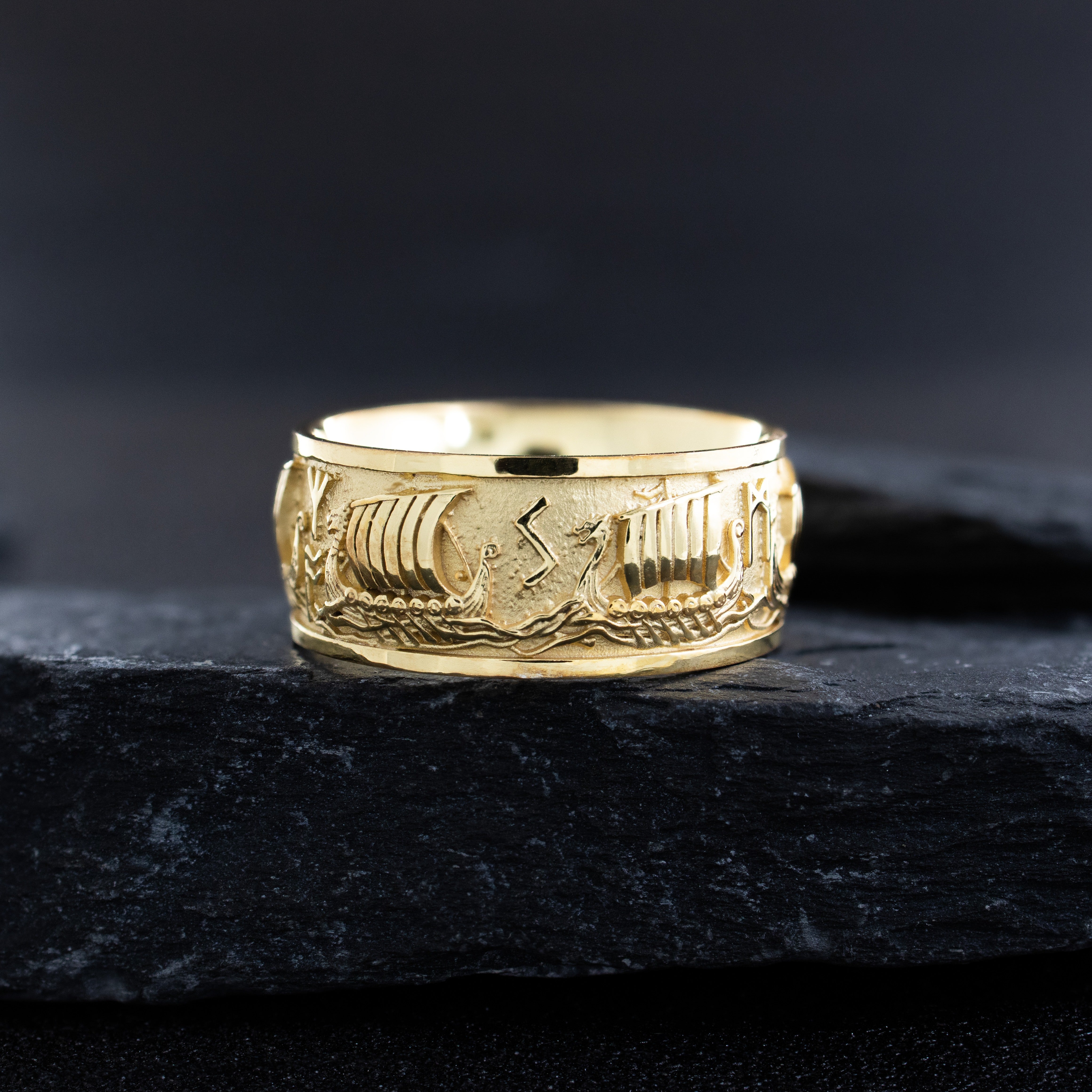 10mm, Dome Shaped, 14k and 18k Solid Yellow Gold Ring with Norse Runes and Viking Warships