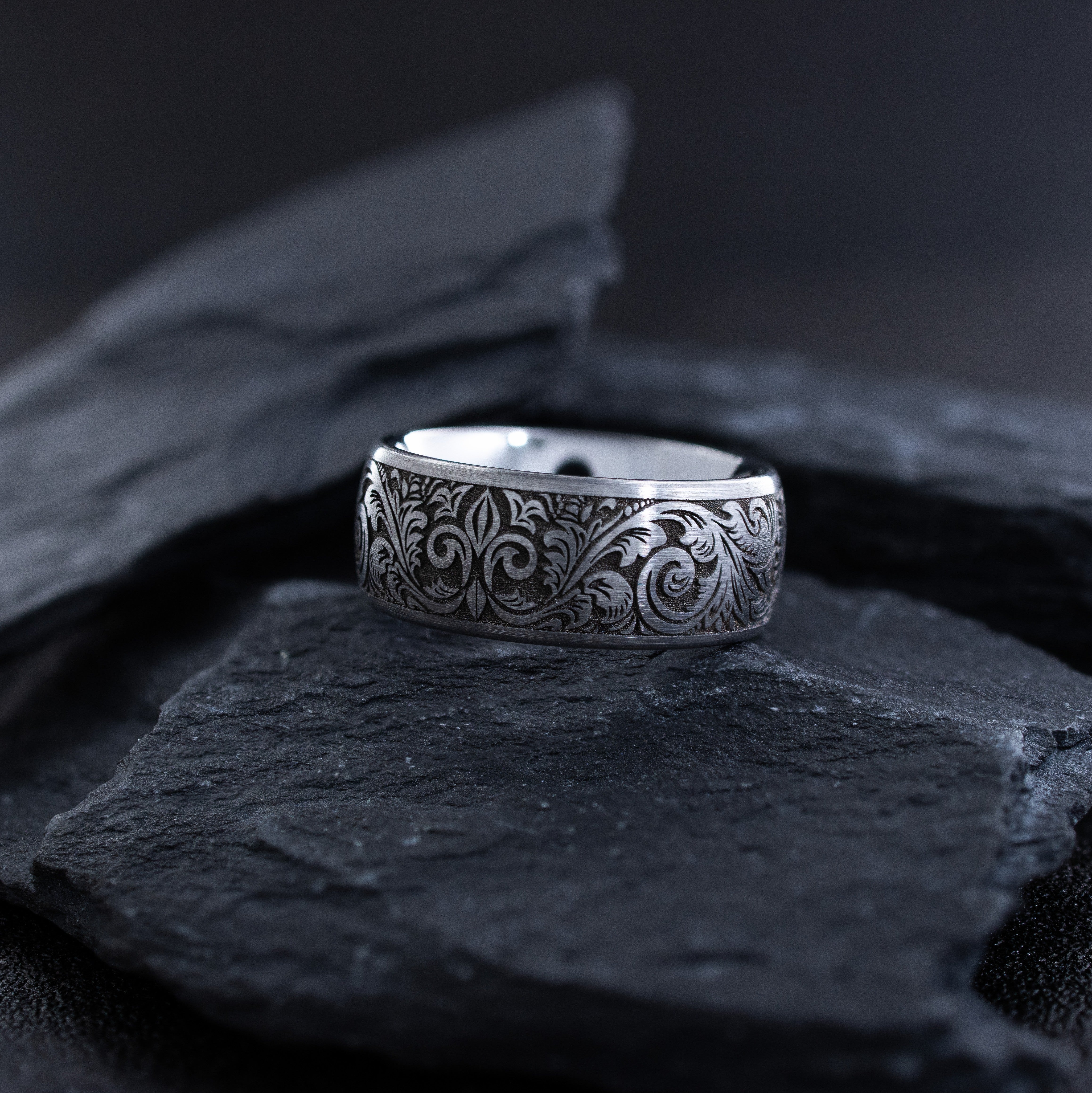 8mm Deep Engraved Tungsten Ring with Fleur de Lis and Victorian Engravings