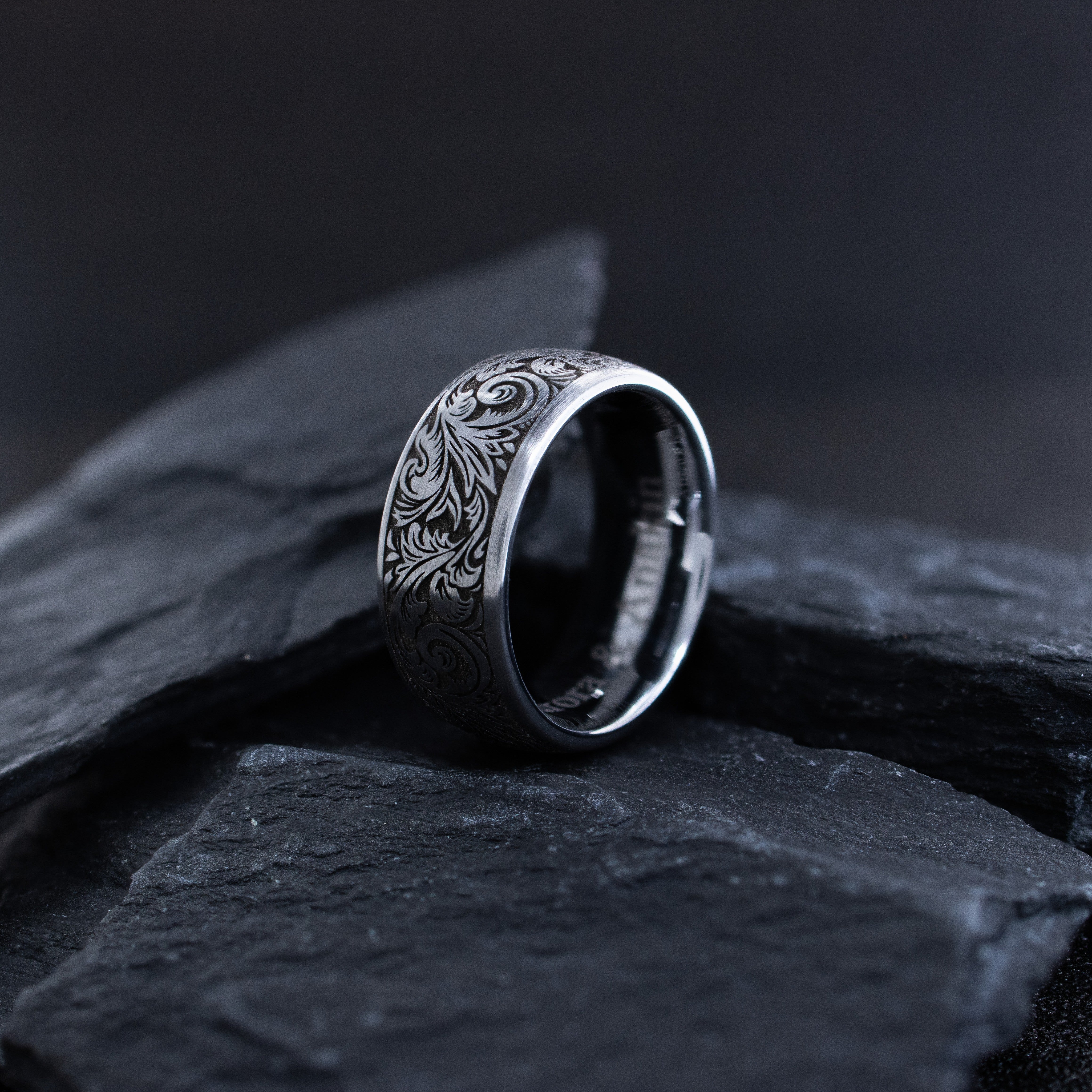 8mm Deep Engraved Tungsten Ring with Fleur de Lis and Victorian Engravings