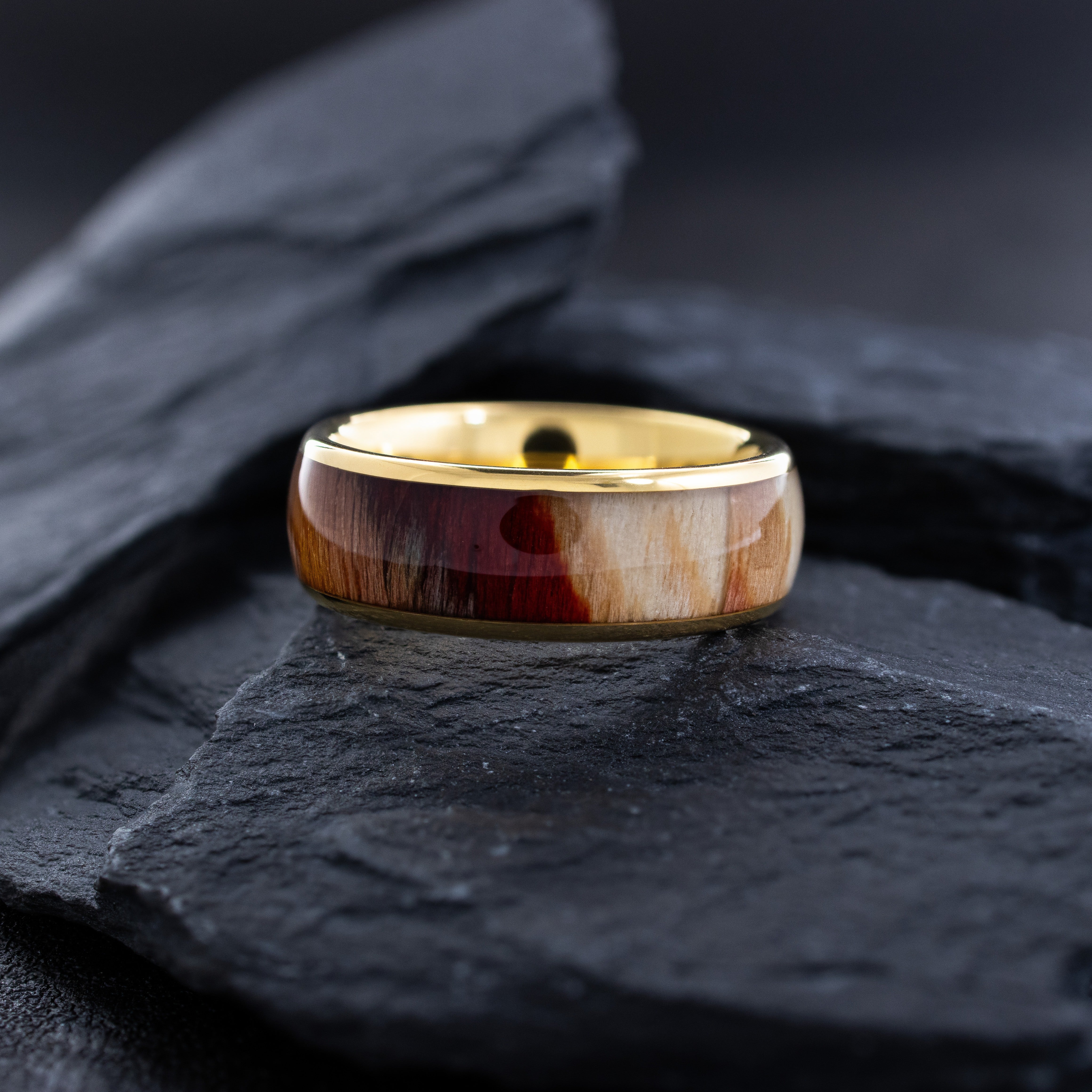 8mm Dome Yellow Gold Plated Tungsten Ring with Dyed Rosewood Inlay