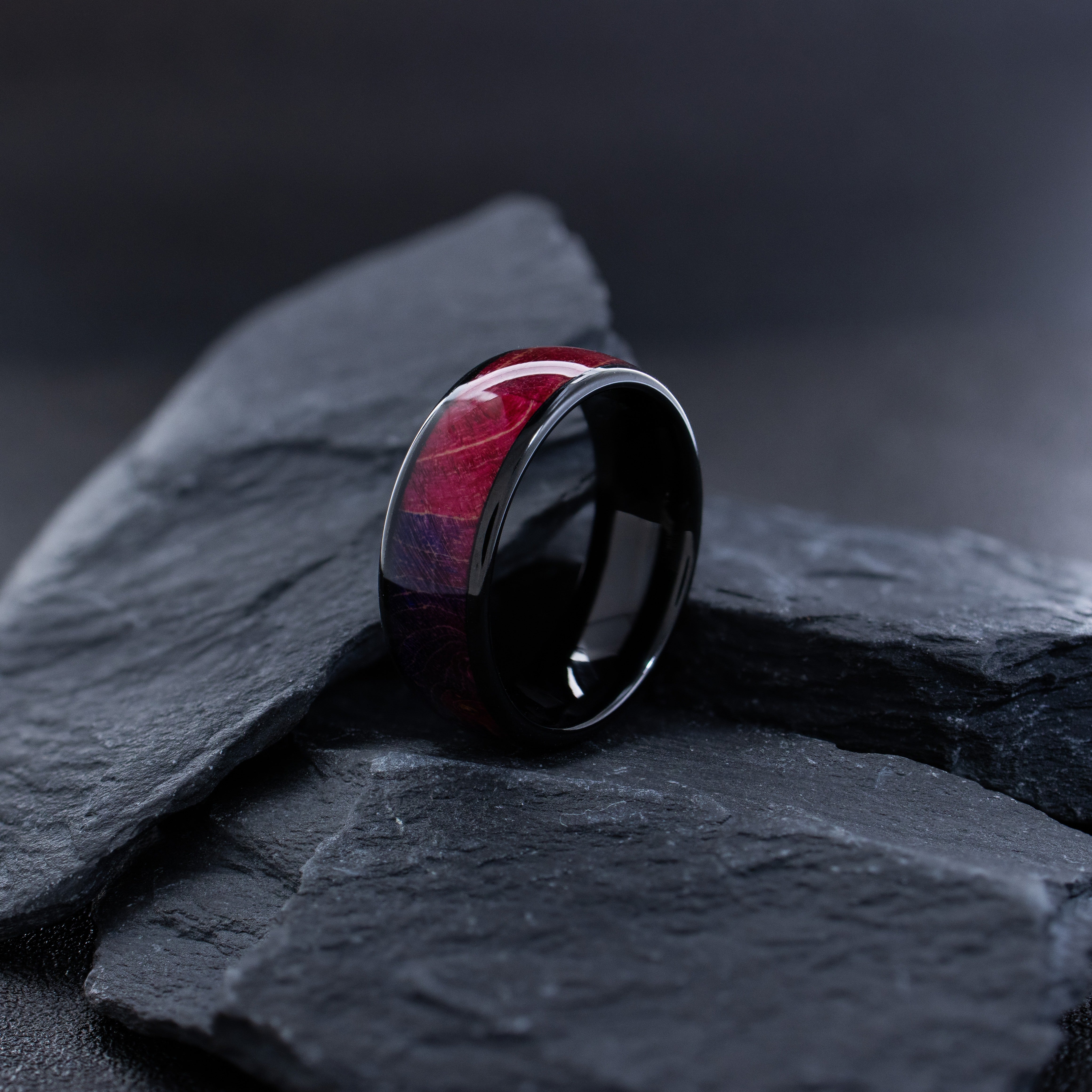 8mm Black Tungsten Ring with Stabilized Burl Wood Inlay