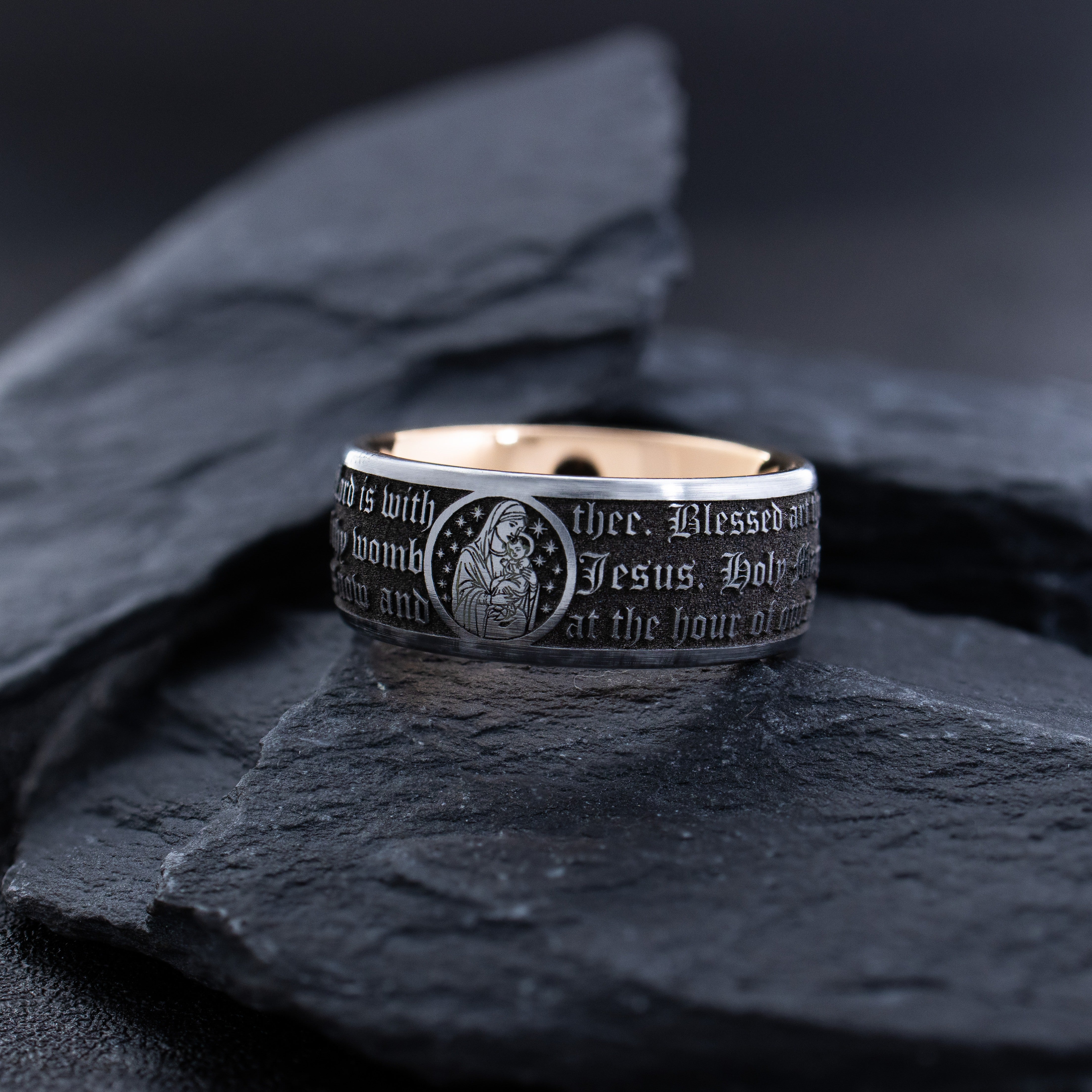 9mm Rose Gold and Black Tungsten Ring with Virgin Mary and Christian Prayer