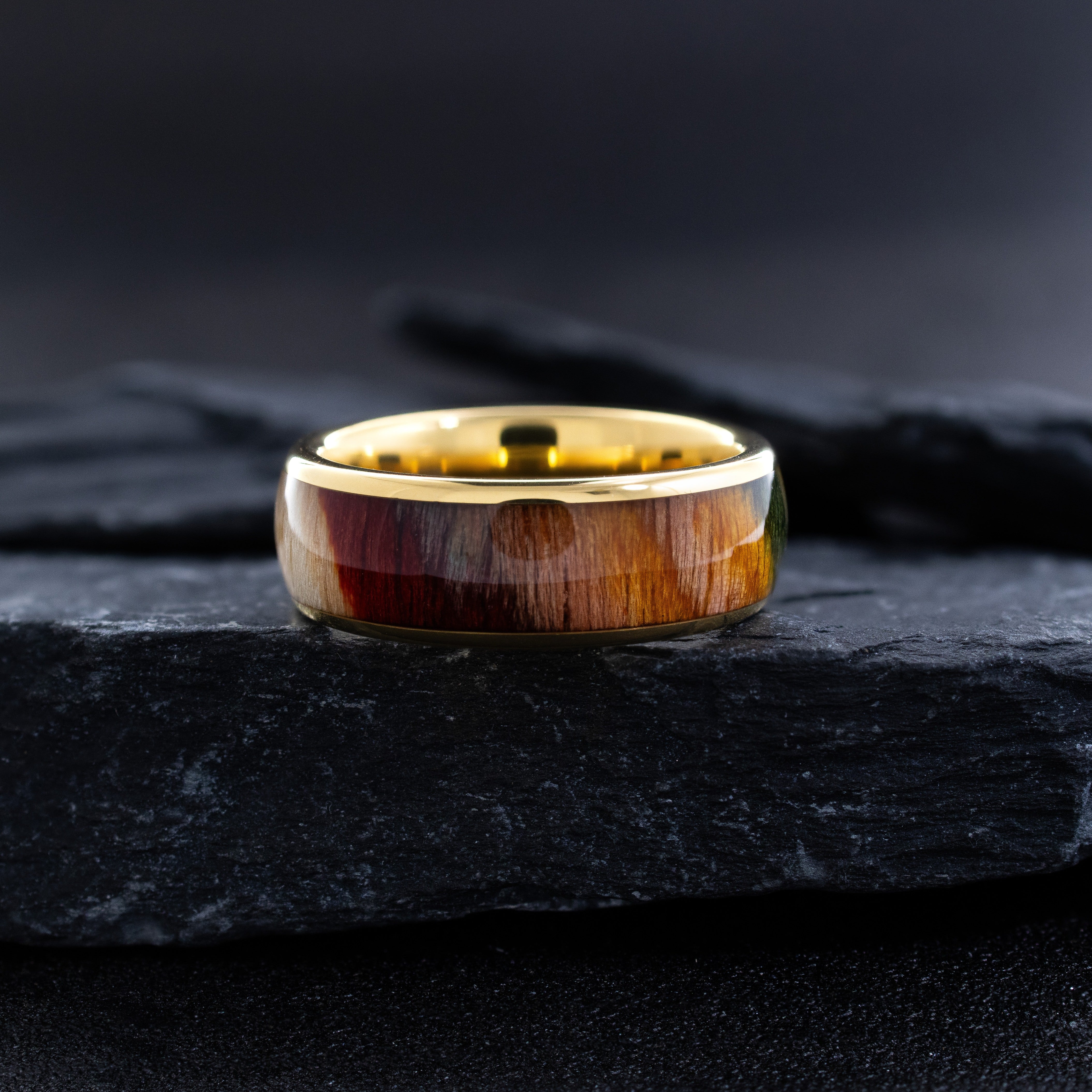 8mm Dome Yellow Gold Plated Tungsten Ring with Dyed Rosewood Inlay