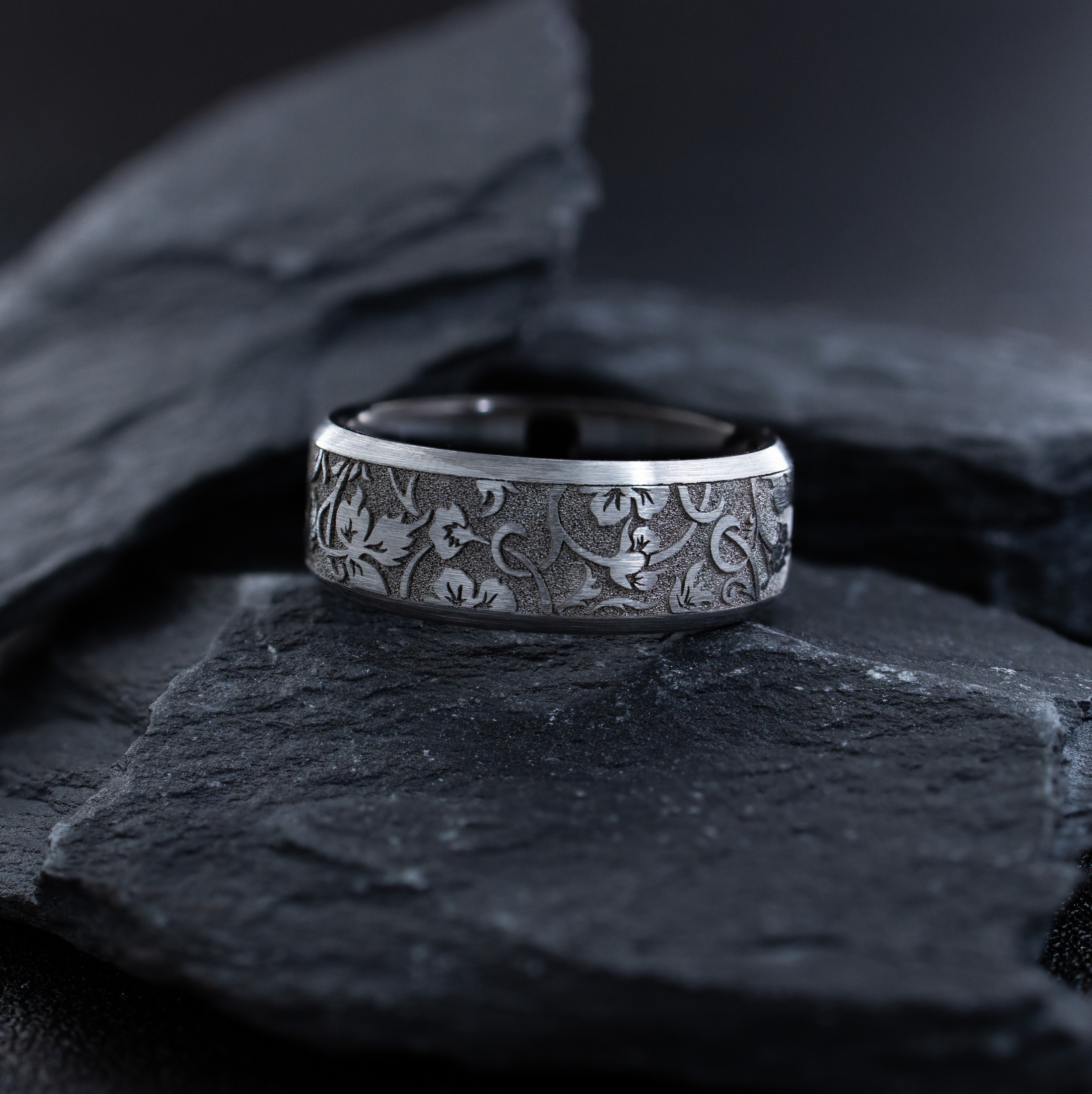Edwardian Deep Engraved Tungsten Carbide Ring, 8mm Band with Floral Engravings