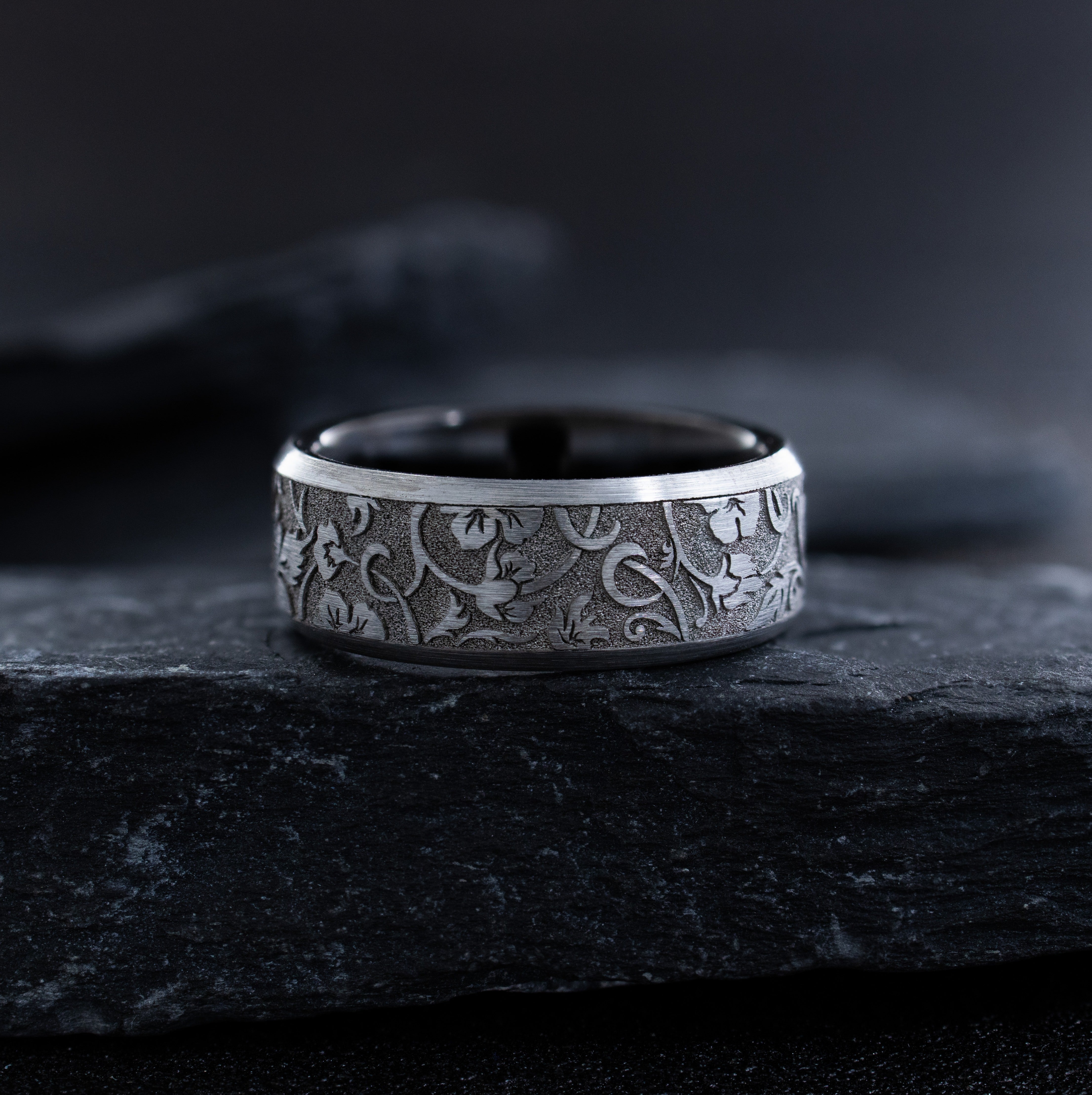 Edwardian Deep Engraved Tungsten Carbide Ring, 8mm Band with Floral Engravings