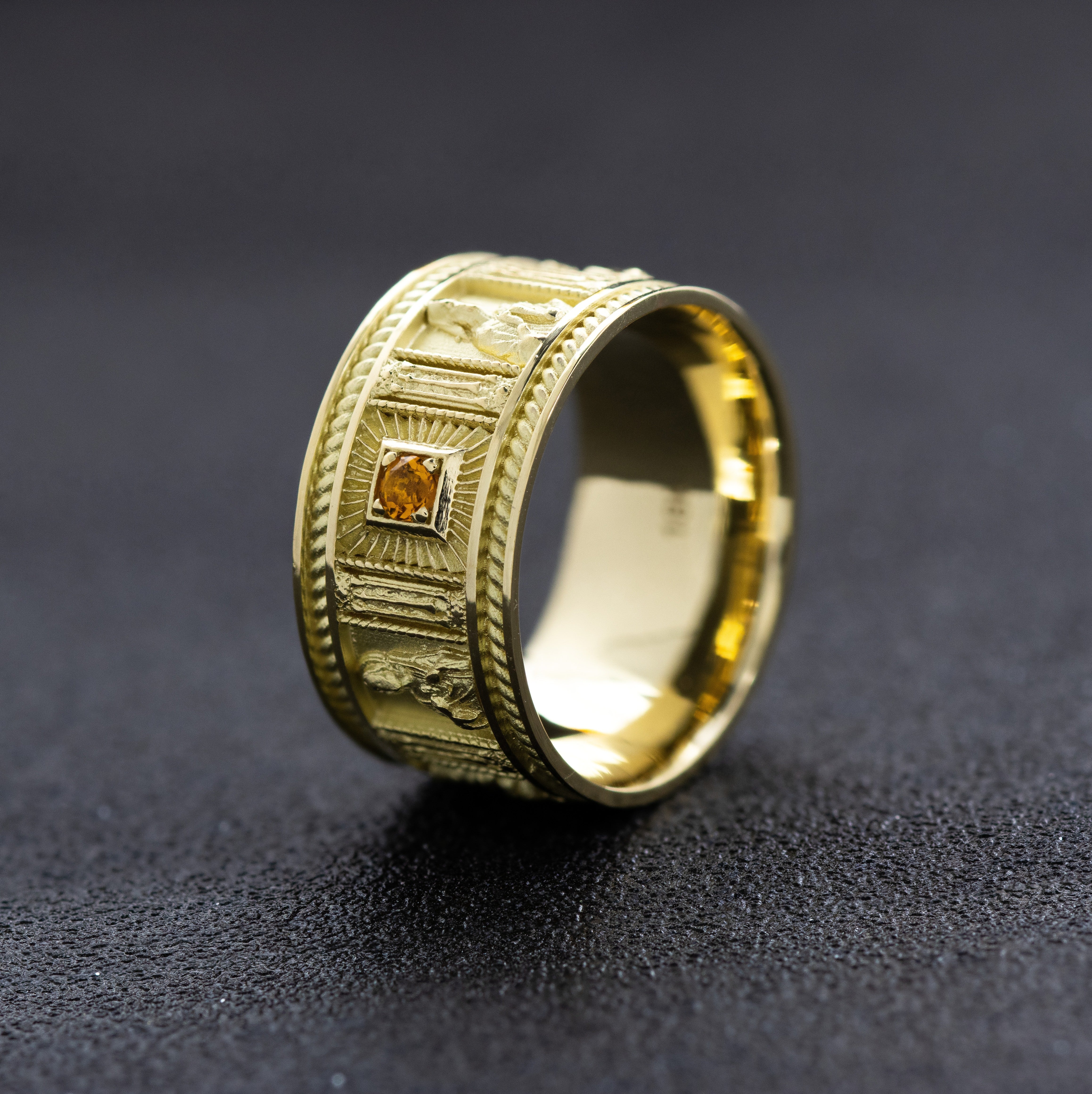 10mm Solid 14k or 18k Yellow Gold Ring with Christian Saints and Gemstone