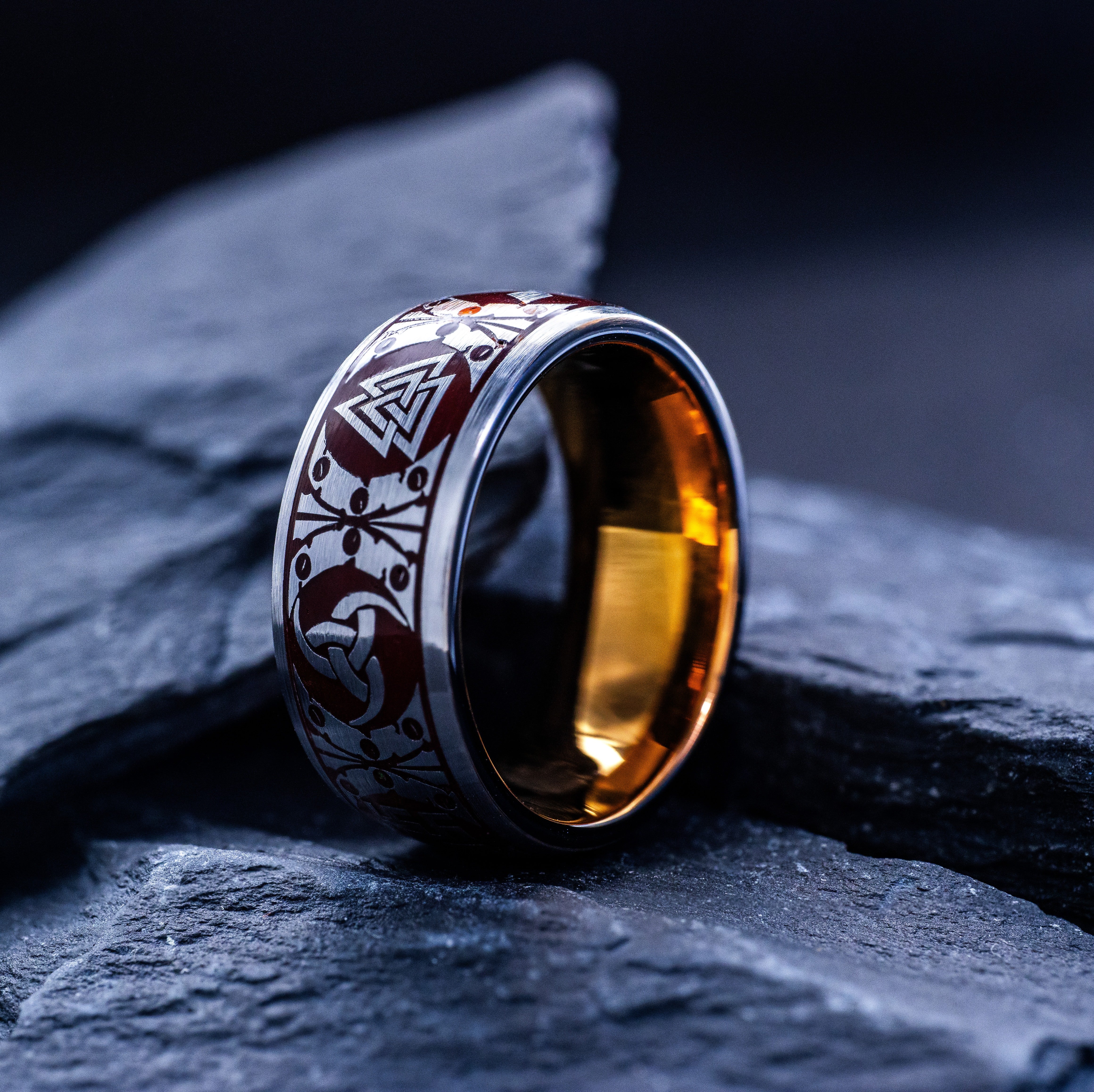 Burgundy Red Enamel Viking Tungsten Carbide Ring, 9mm Rose Gold Plated Band with Norse Runes and Symbols