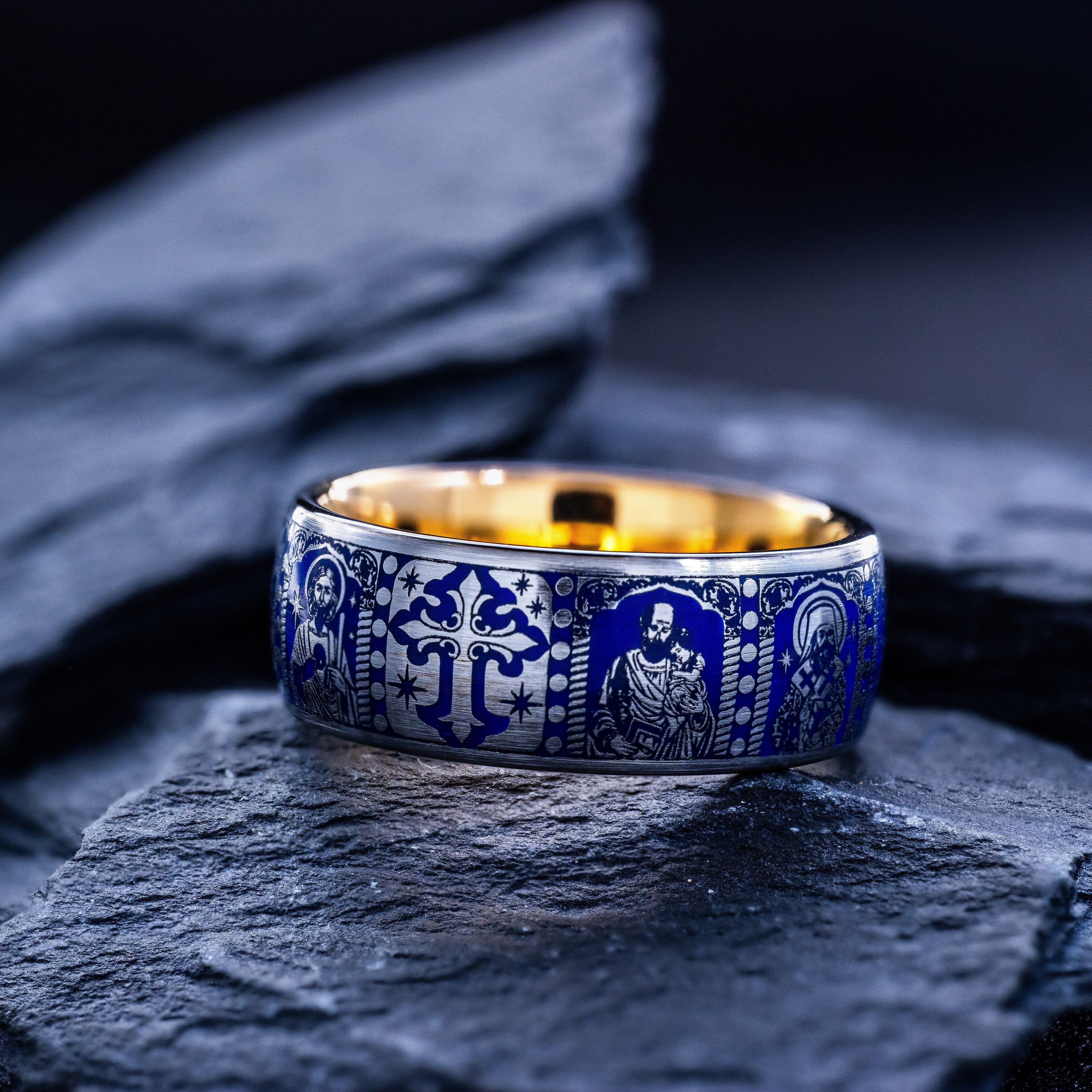 Royal Blue Enamel Christian Saints Ring, 9mm Rose Gold Plated Band with Christ and Several Christian Saints