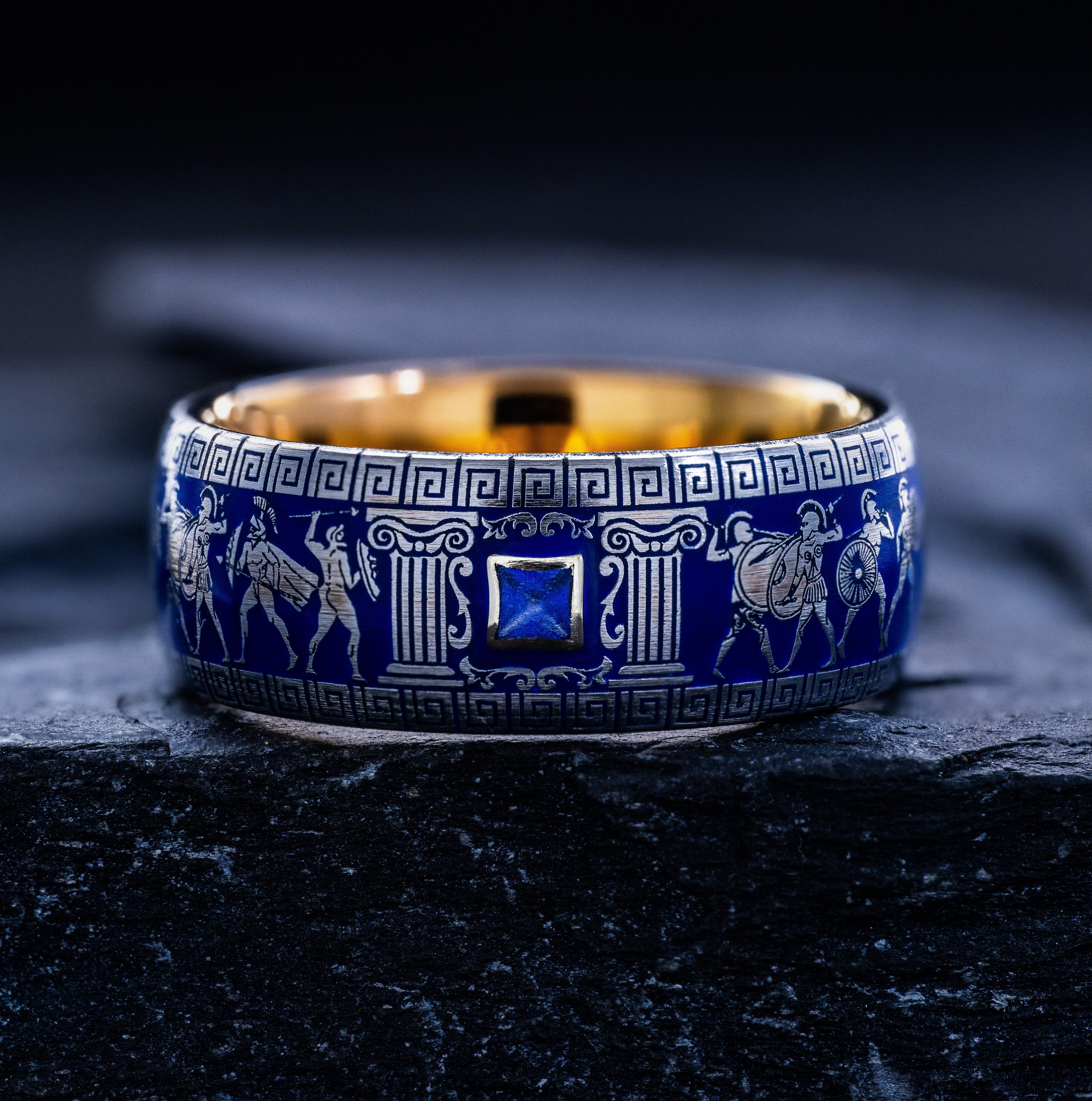 Royal Blue Enamel Ancient Greek Warrior Ring, 9mm Rose Gold Plated Band with Gemstone