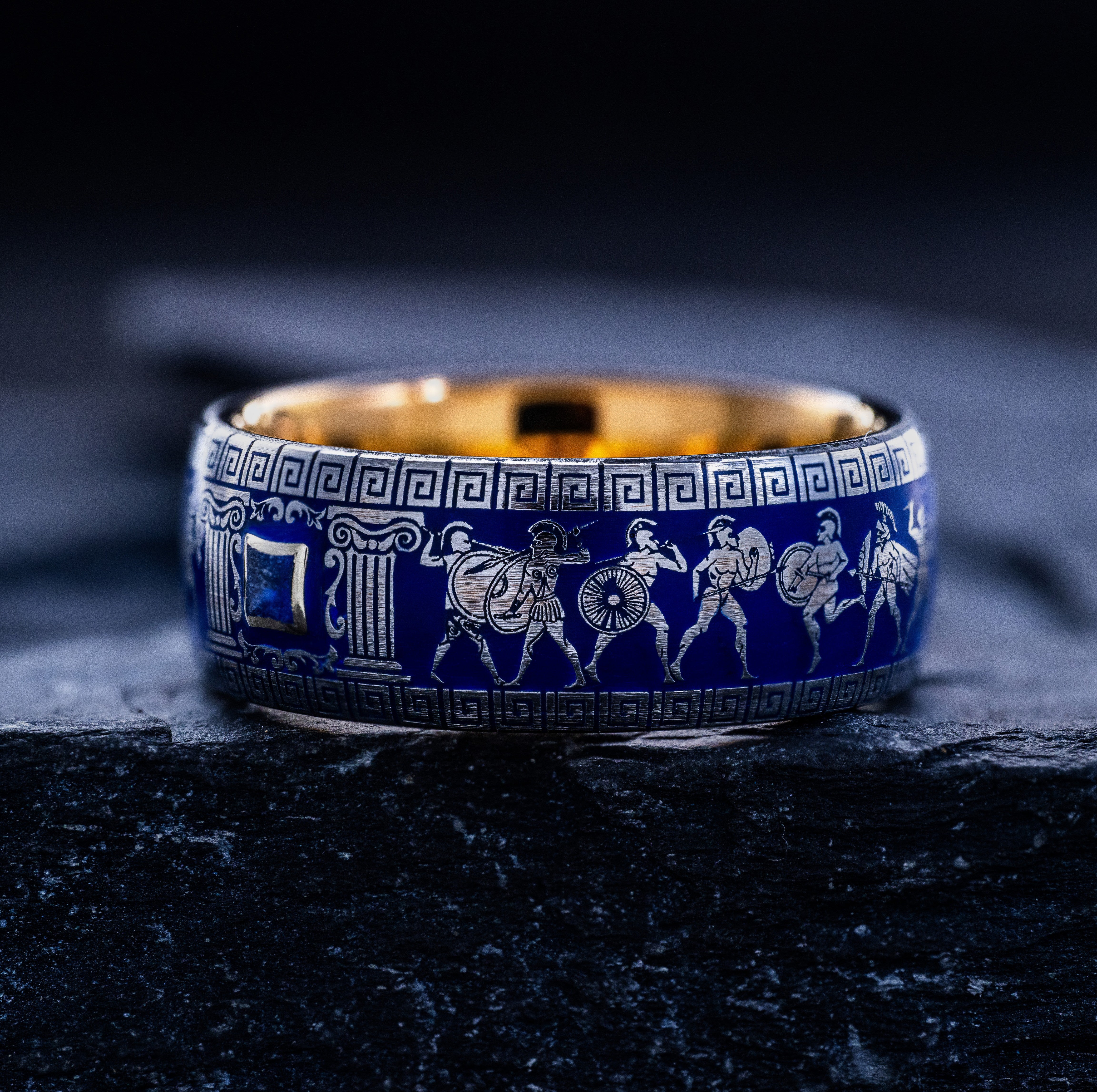Royal Blue Enamel Ancient Greek Warrior Ring, 9mm Rose Gold Plated Band with Gemstone