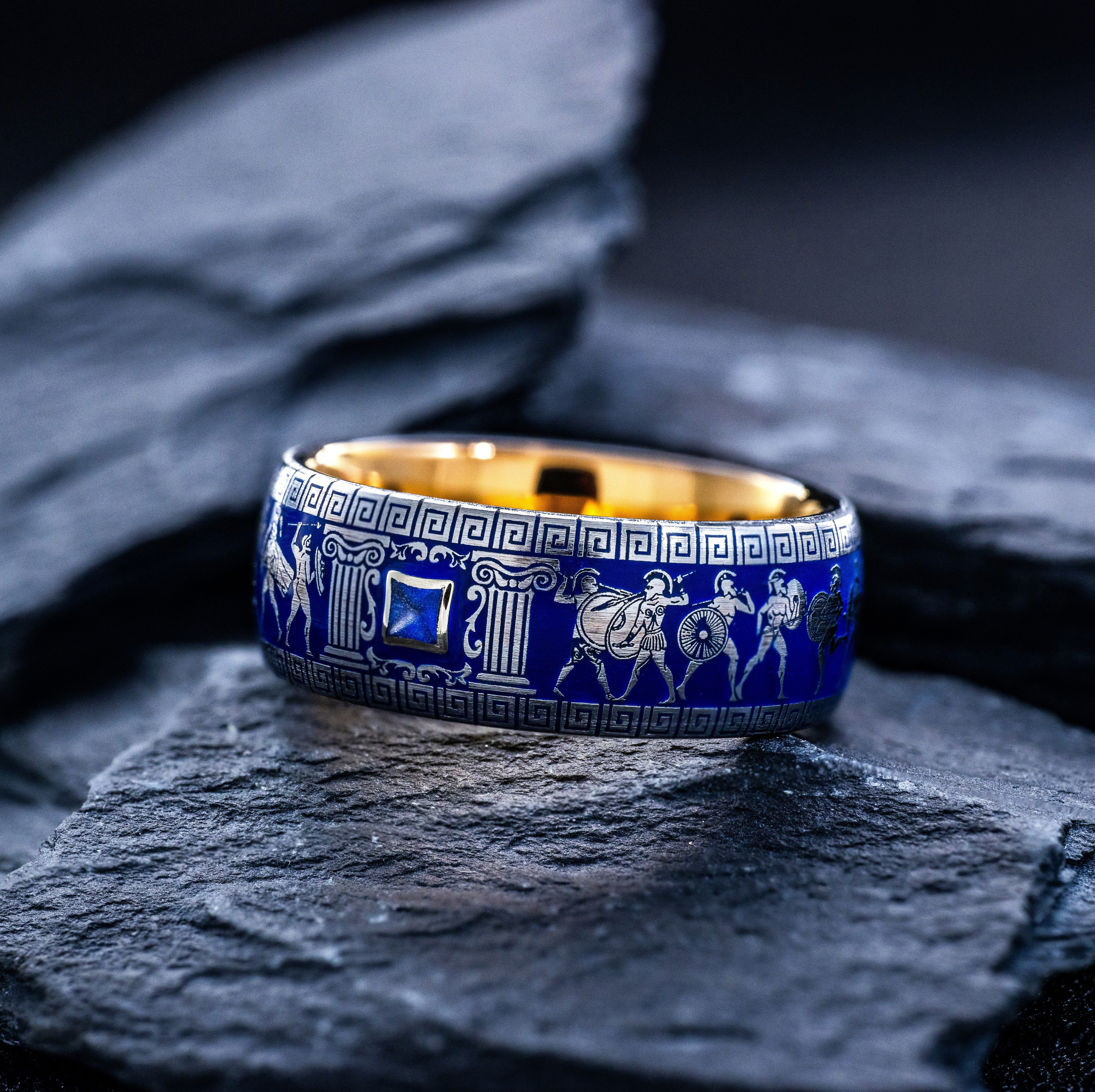 Royal Blue Enamel Ancient Greek Warrior Ring, 9mm Rose Gold Plated Band with Gemstone