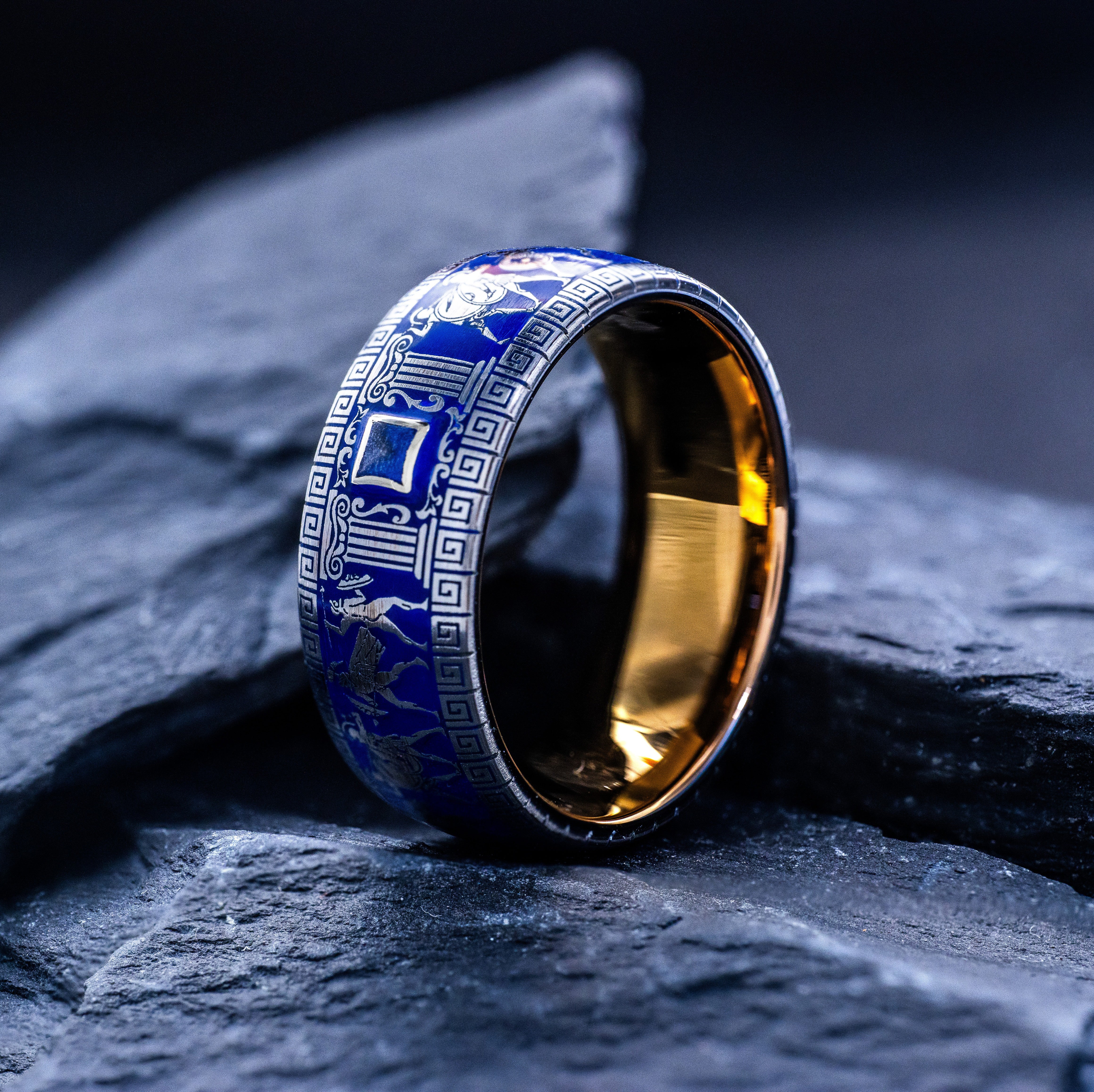 Royal Blue Enamel Ancient Greek Warrior Ring, 9mm Rose Gold Plated Band with Gemstone