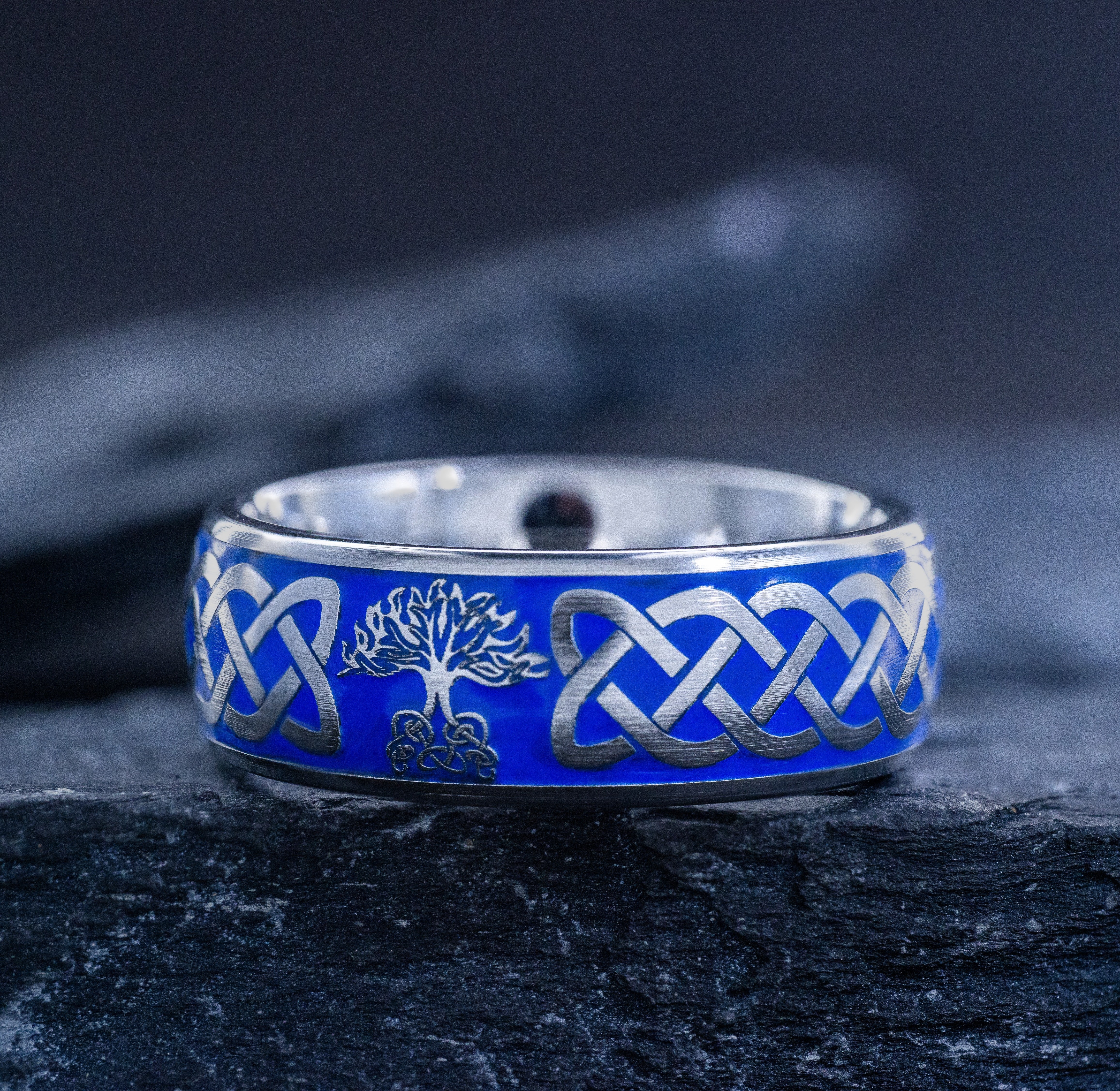 Blue Enamel Tree of Life Ring, 8mm Tungsten Band with Celtic Knot