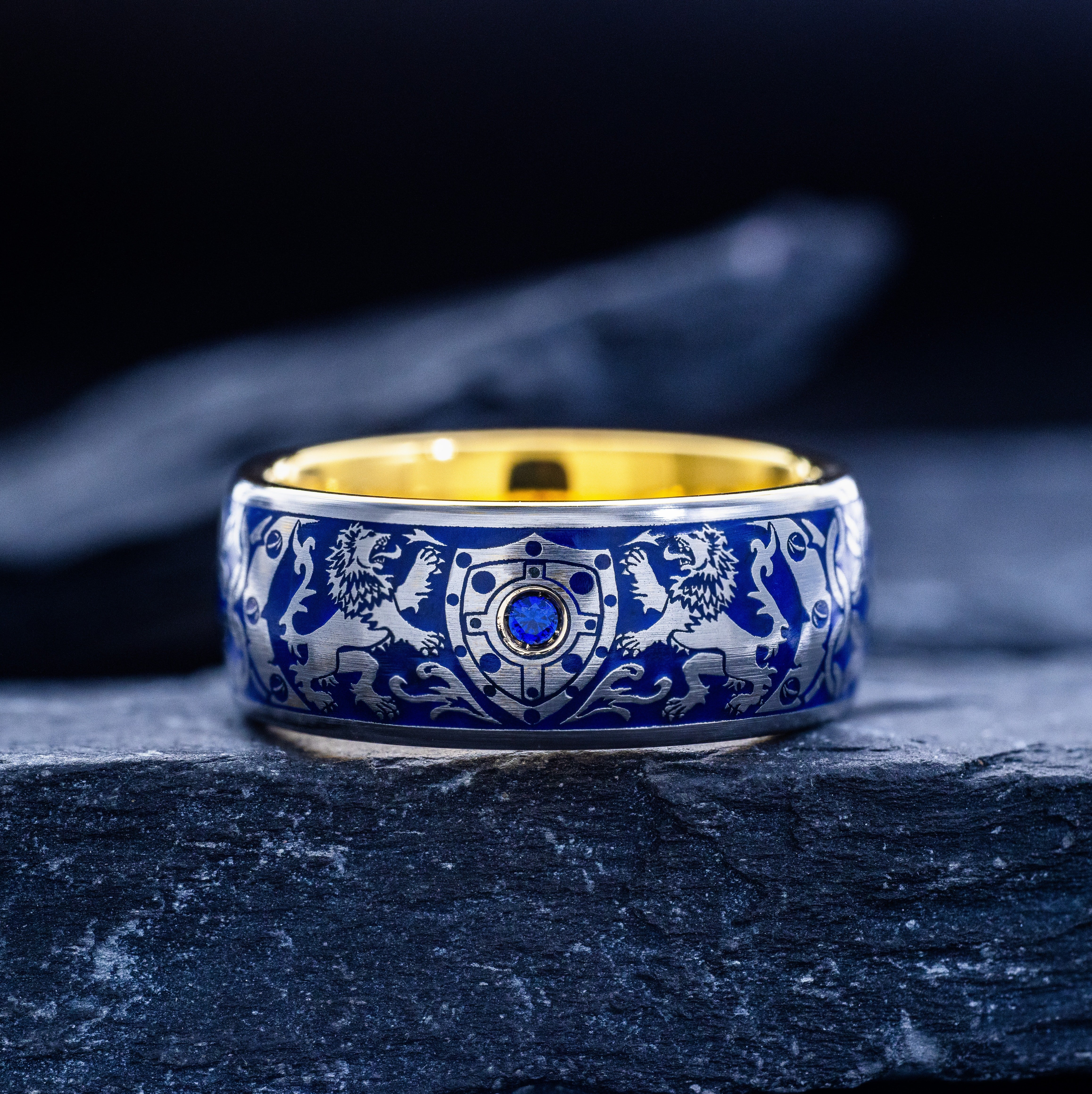 Royal Blue Enamel Ring with Medieval Lions and Shield, 9mm Yellow Gold Plated Band with Gemstone