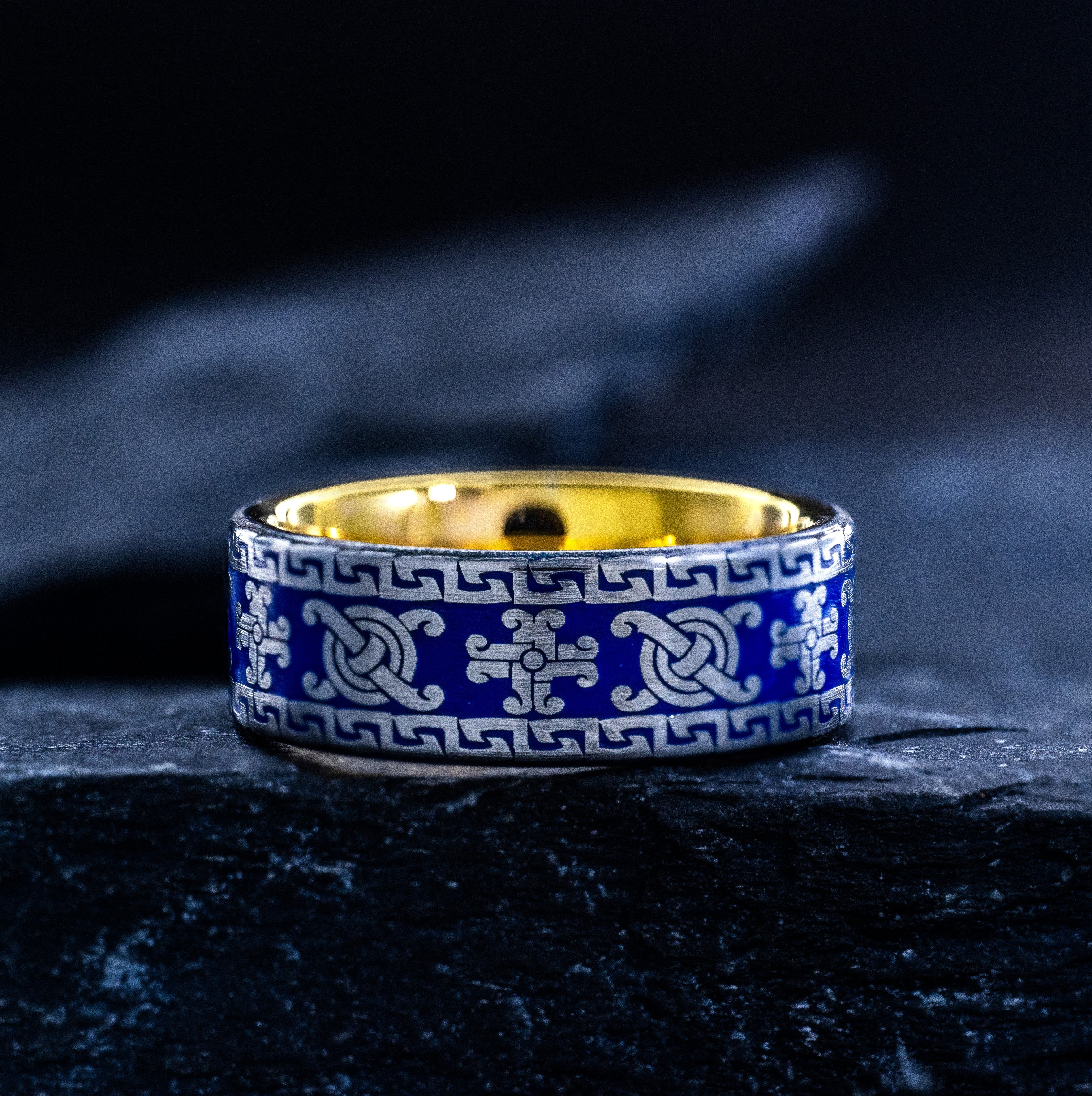Royal Blue Enamel New World Pattern Tungsten Carbide Ring, 8mm Gold Plated Tungsten Band