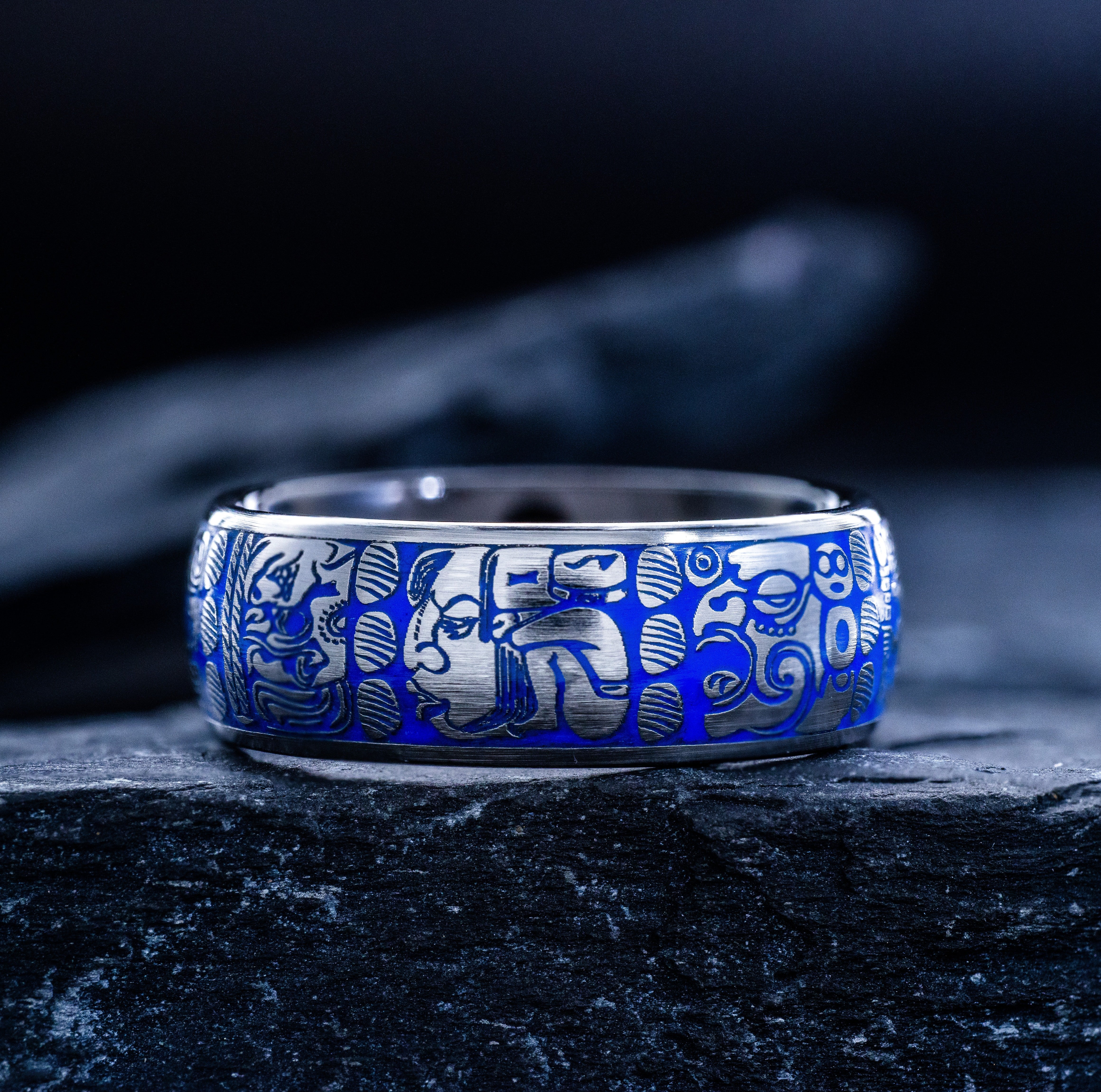 Blue Enamel Mayan Ring, 8mm Tungsten Carbide Ring