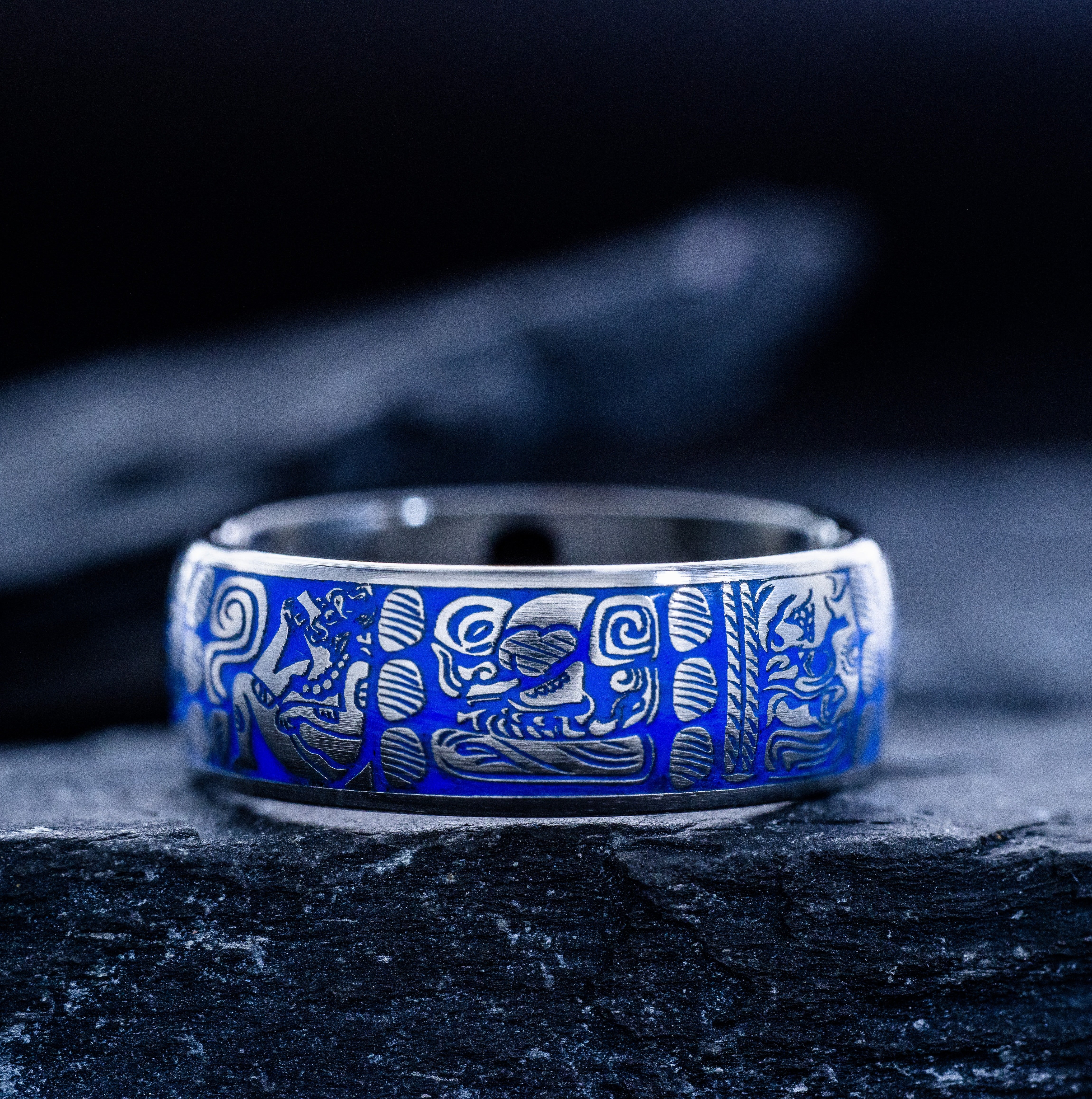 Blue Enamel Mayan Ring, 8mm Tungsten Carbide Ring